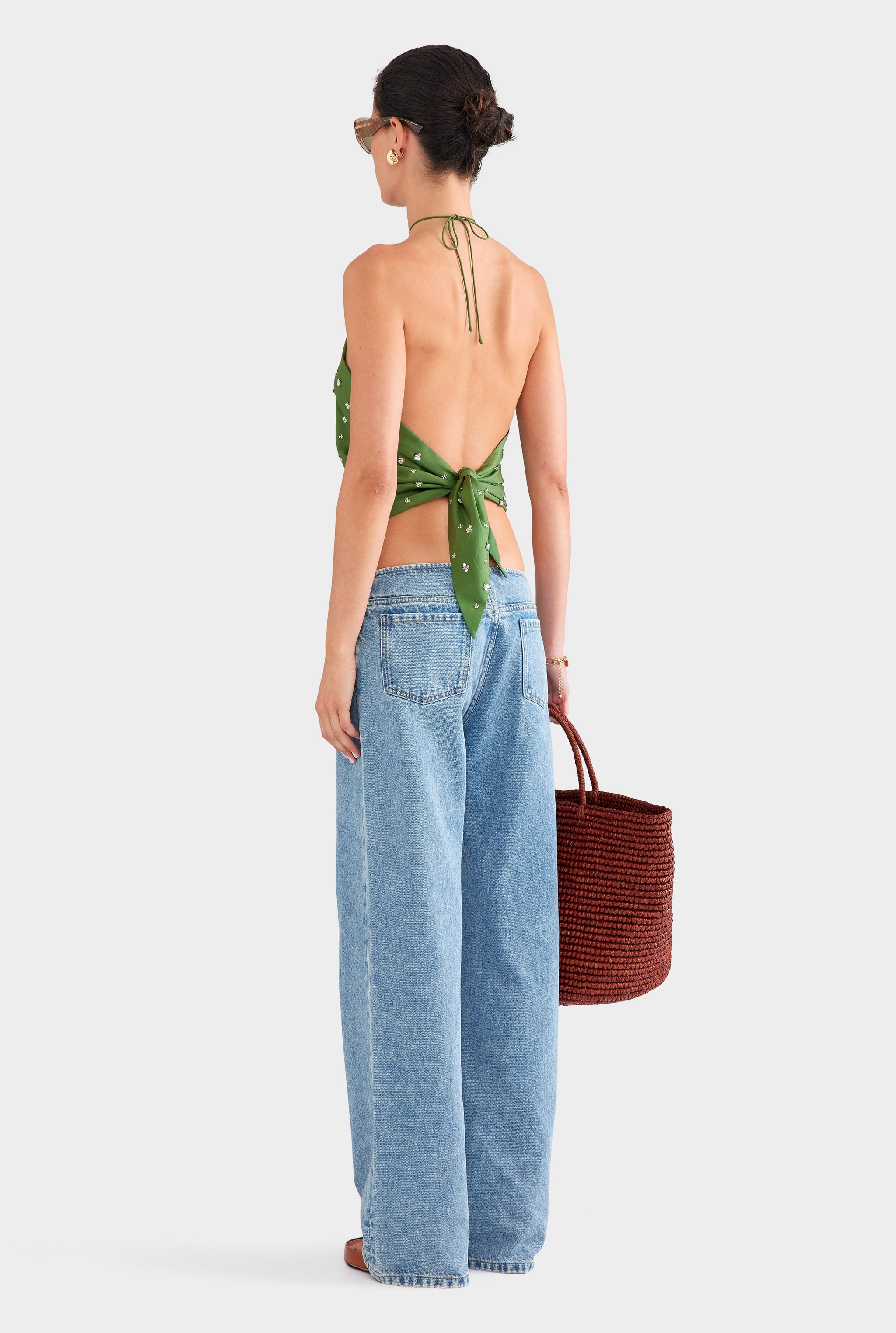 Beaded Silk Halter Scarf Top - Ivy Green/Beading