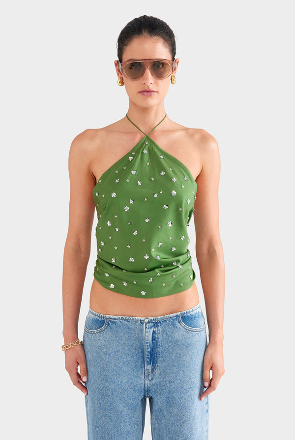 Beaded Silk Halter Scarf Top - Ivy Green/Beading