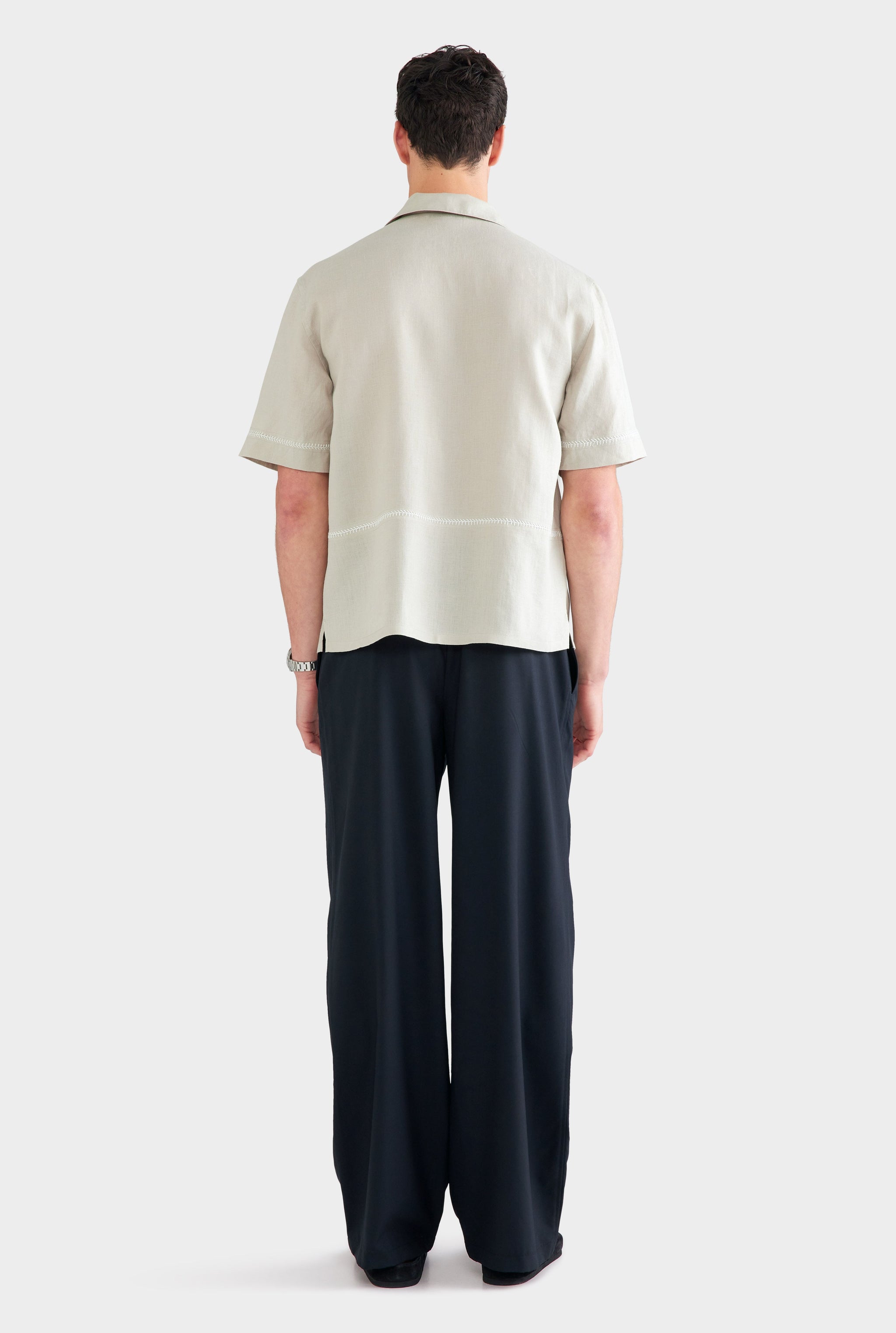 Crochet Stitch Linen Camp Collar Shirt - Fog/White