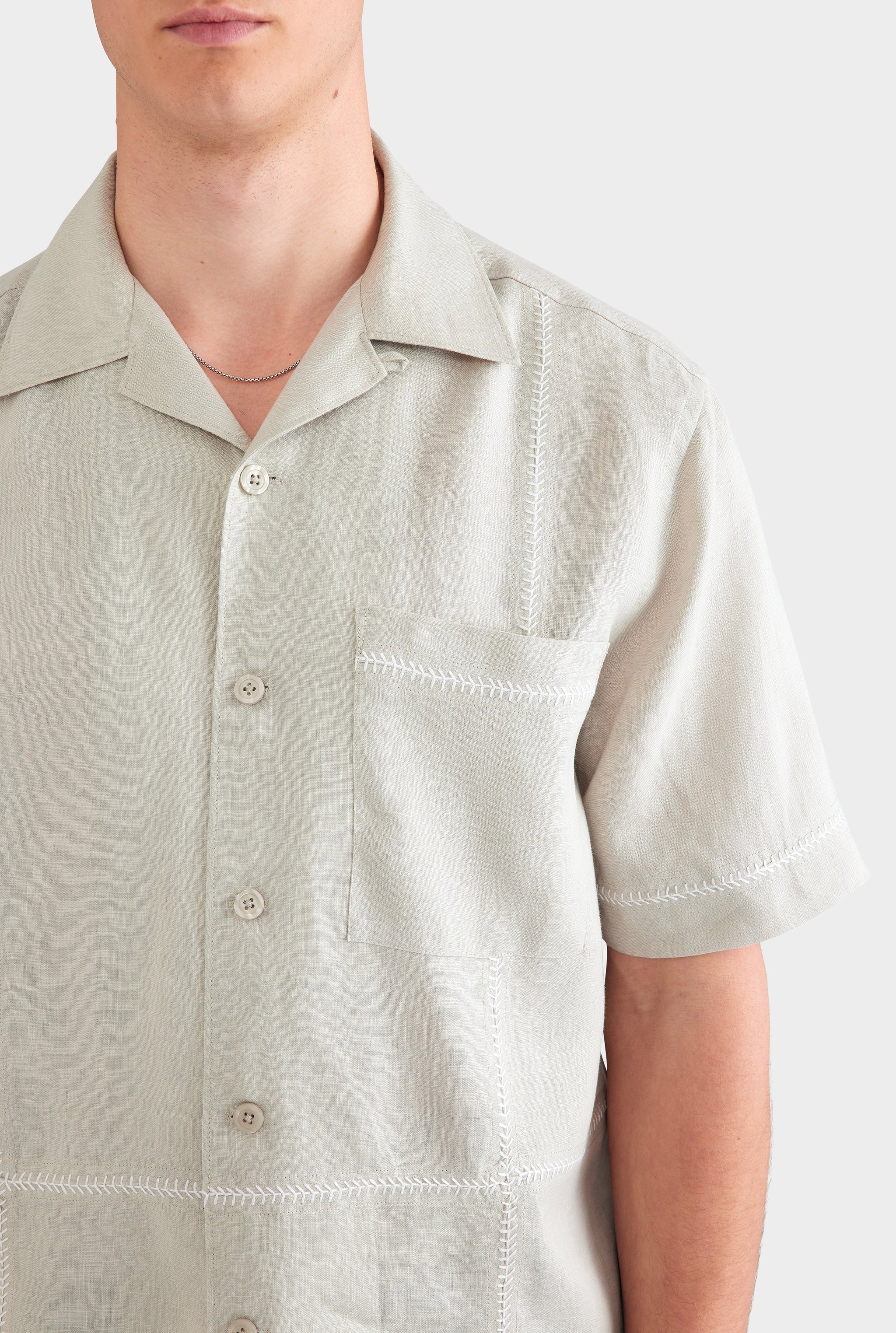Crochet Stitch Linen Camp Collar Shirt - Fog/White