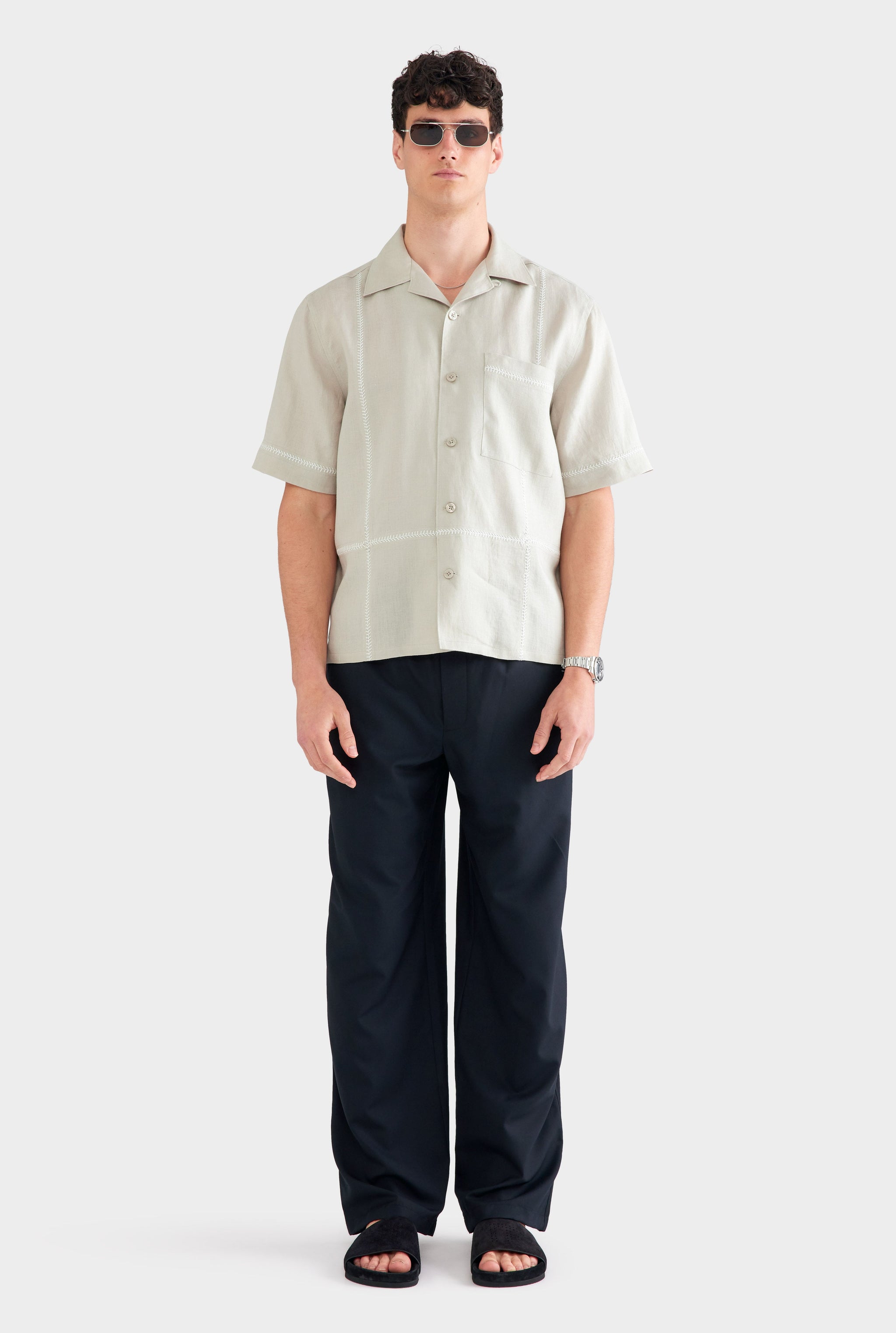 Crochet Stitch Linen Camp Collar Shirt - Fog/White