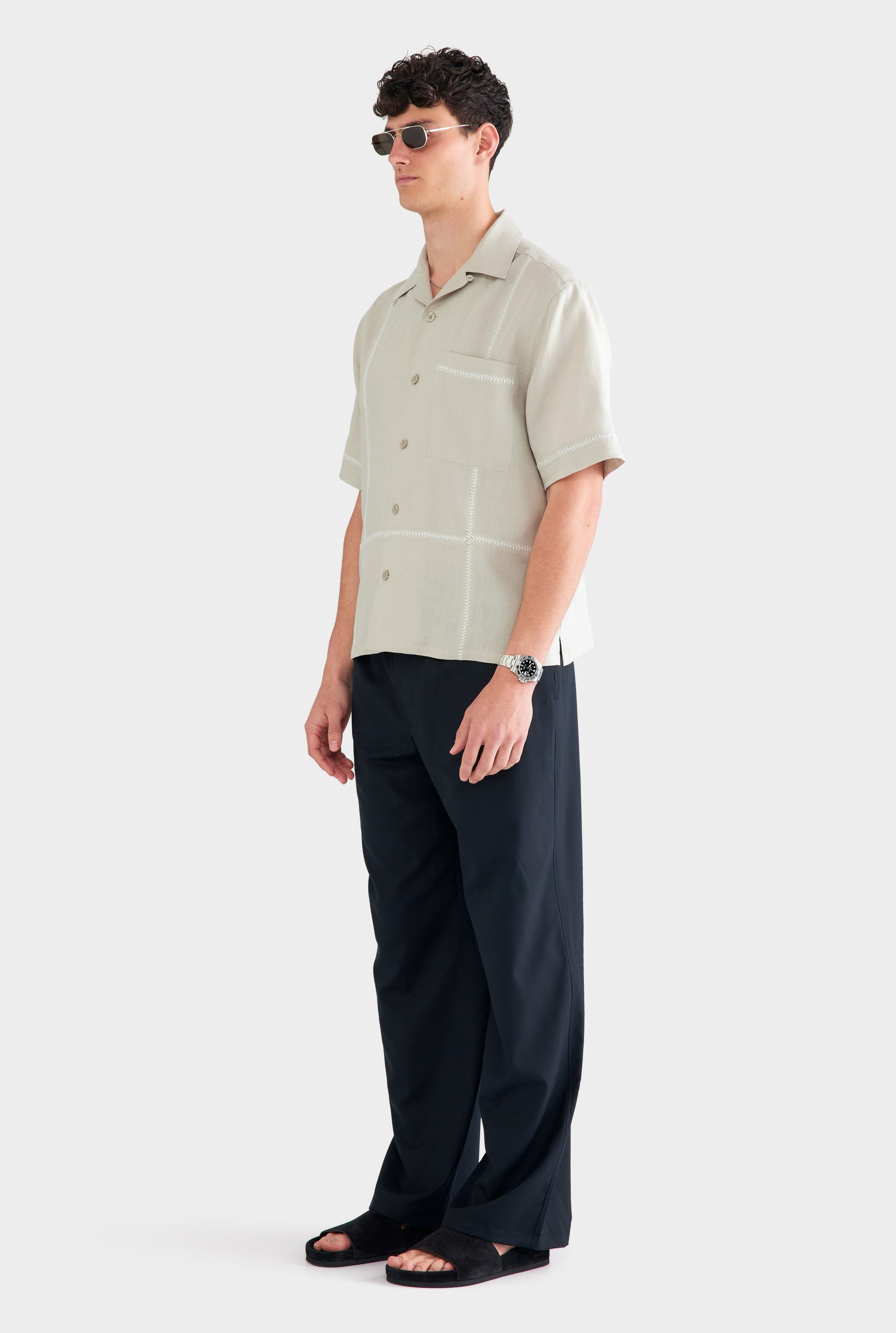 Crochet Stitch Linen Camp Collar Shirt - Fog/White