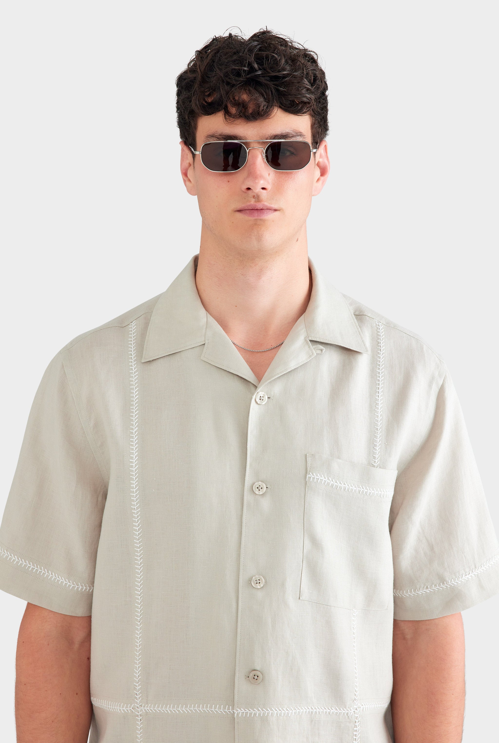 Crochet Stitch Linen Camp Collar Shirt - Fog/White
