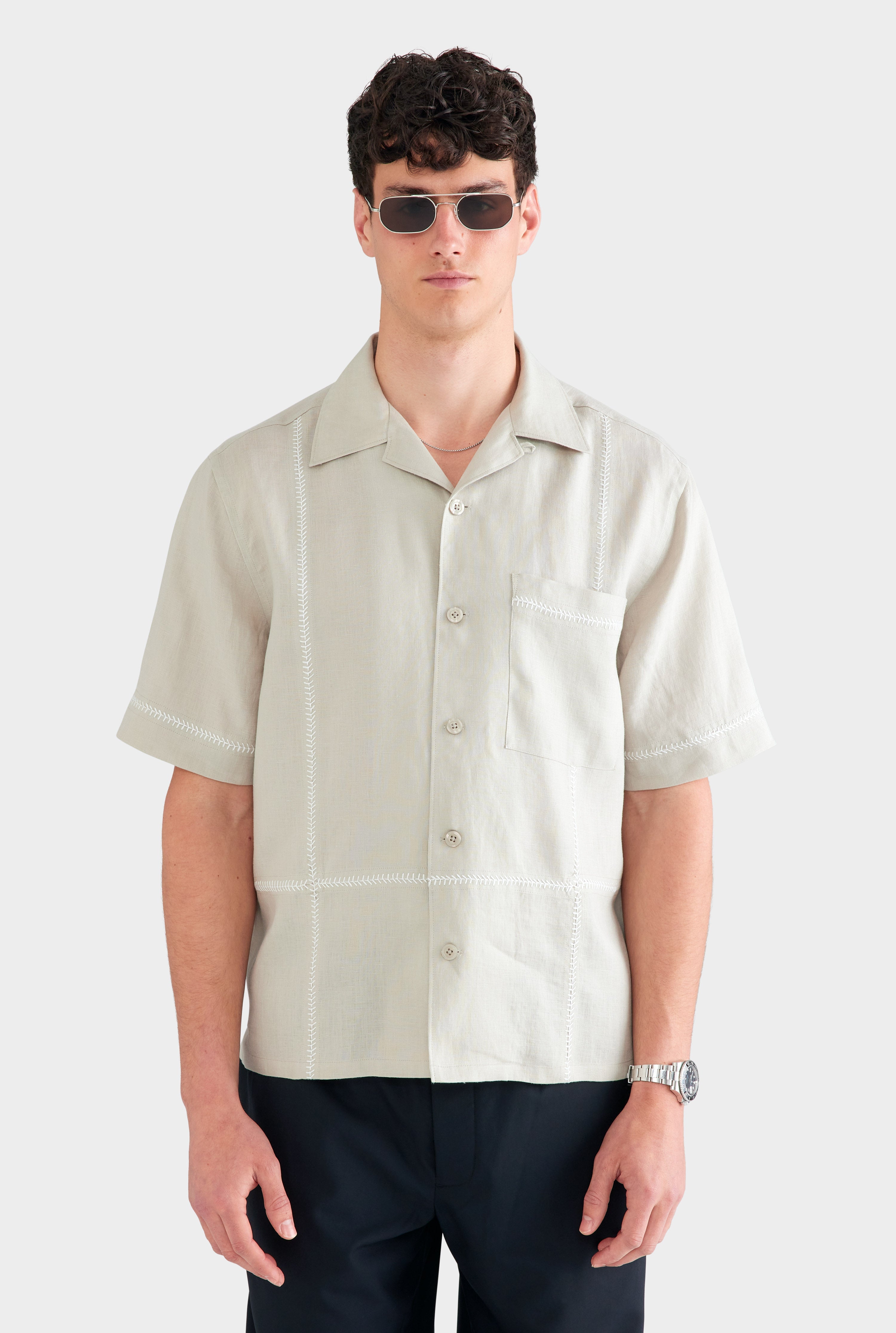 Crochet Stitch Linen Camp Collar Shirt - Fog/White