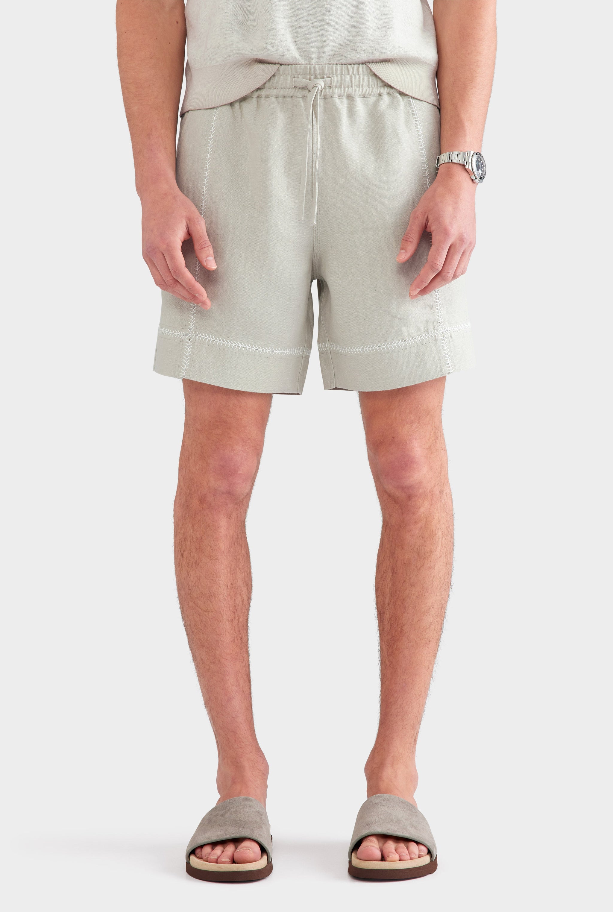 Crochet Stitch Linen Short - Fog/White