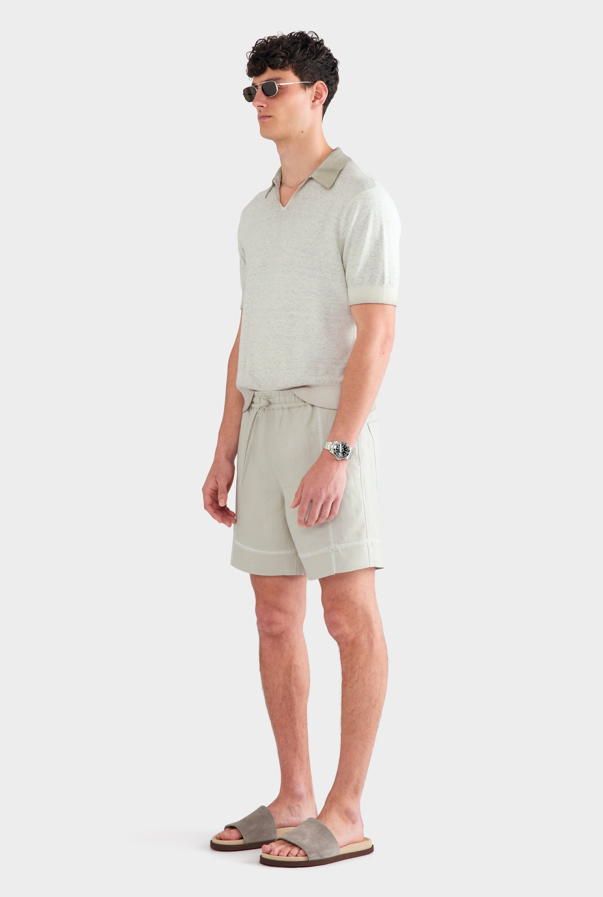 Crochet Stitch Linen Short - Fog/White