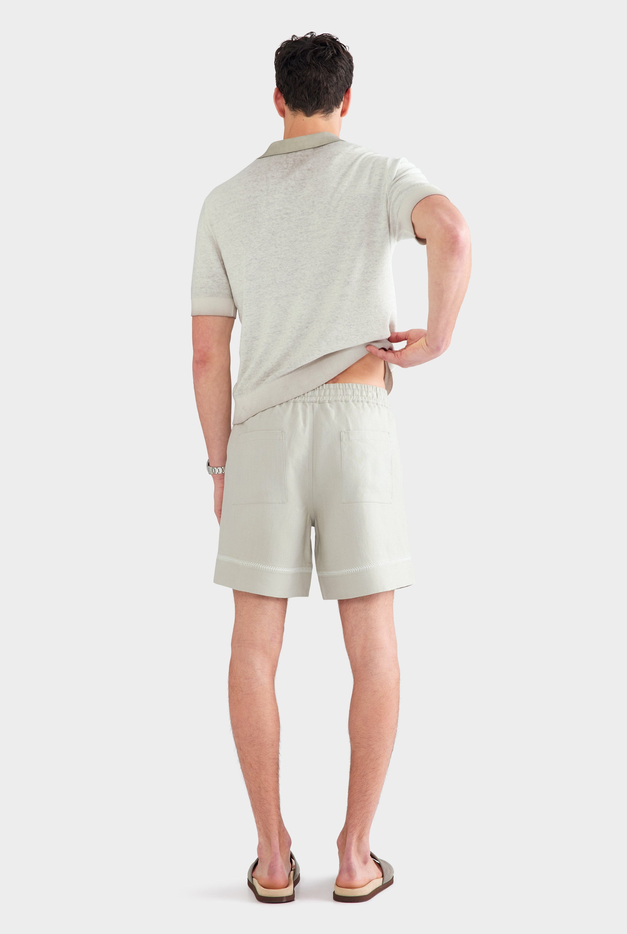 Crochet Stitch Linen Short - Fog/White