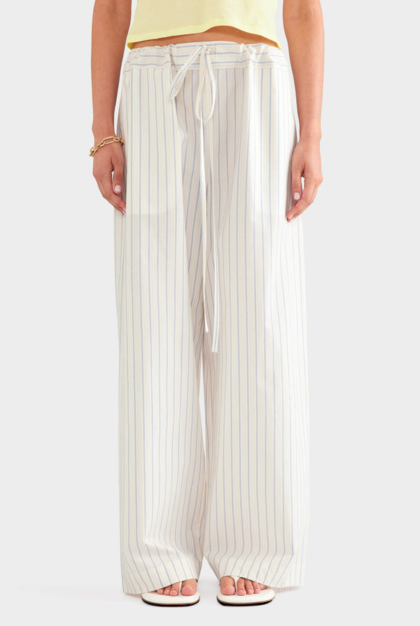 Stripe Cotton Paperbag Pant - Off White/Blue Stripe