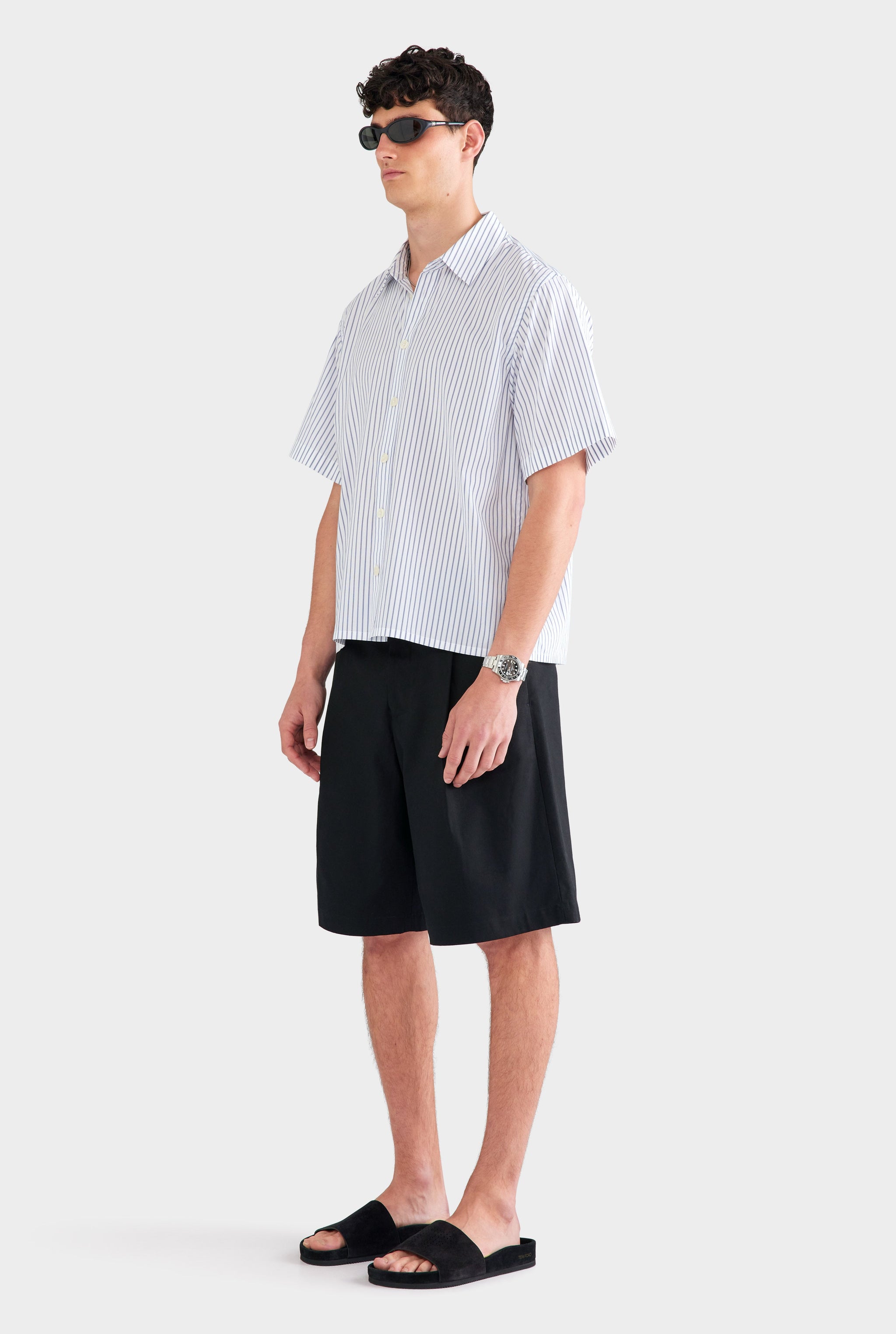 Oversized Stripe Short Sleeve Shirt - White/Navy Stripe