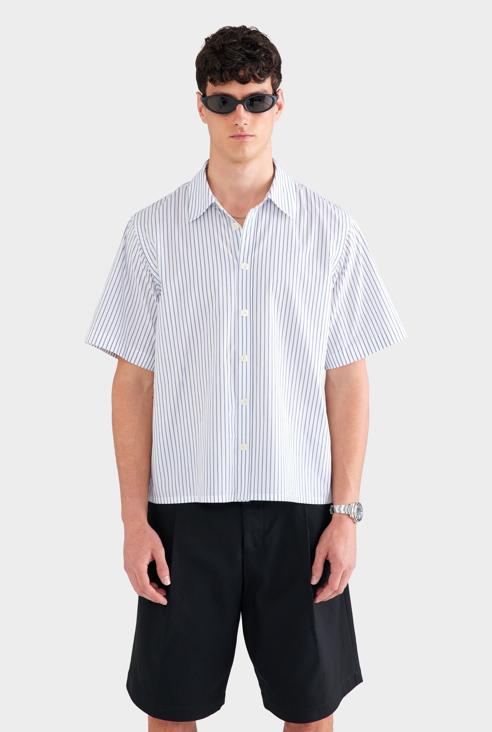 Oversized Stripe Short Sleeve Shirt - White/Navy Stripe