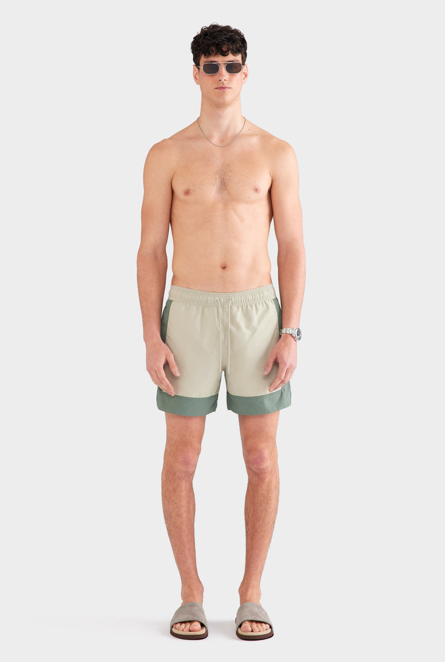 Panelled Border Swim Short - Olive Taupe/Moss Green