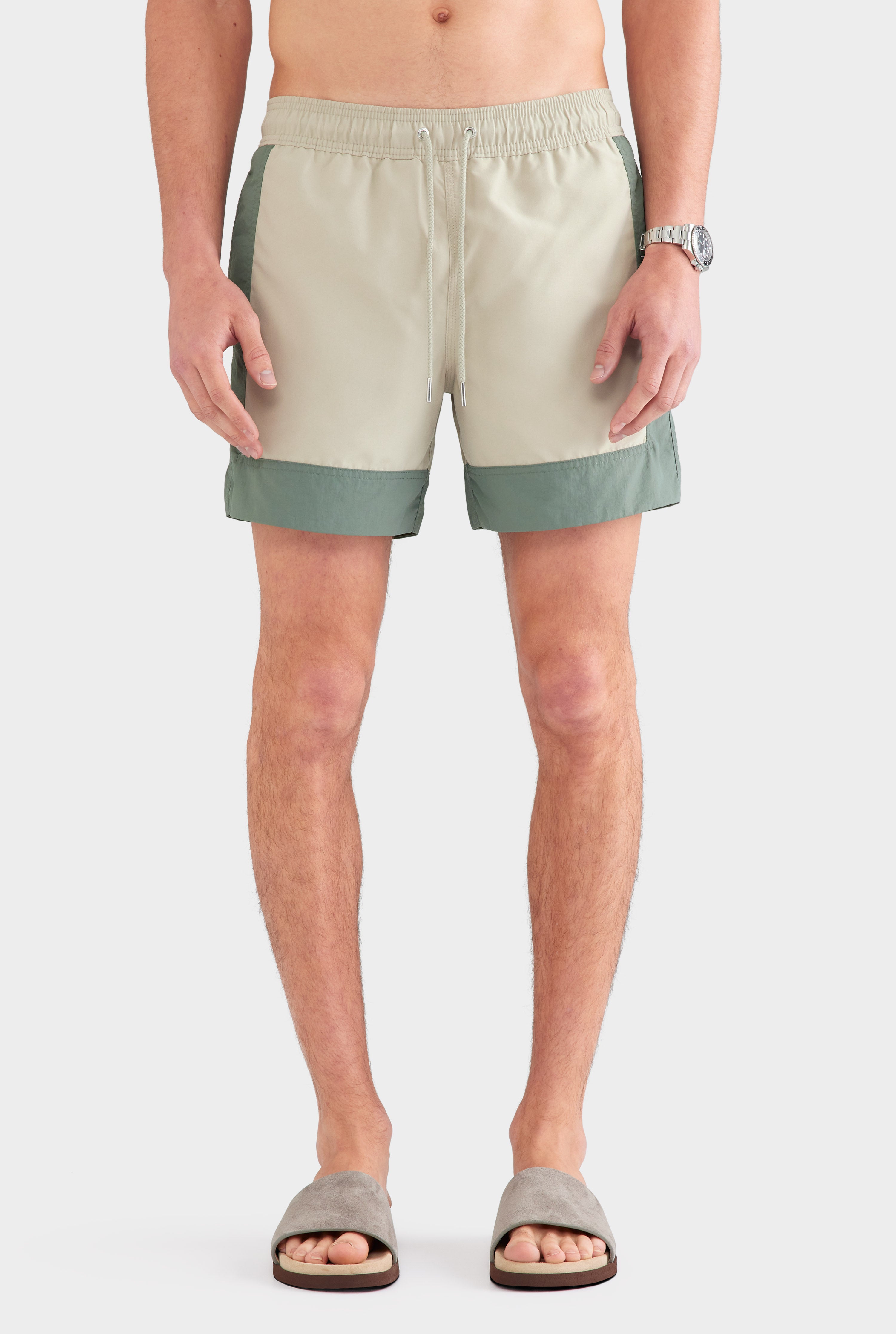 Panelled Border Swim Short - Olive Taupe/Moss Green