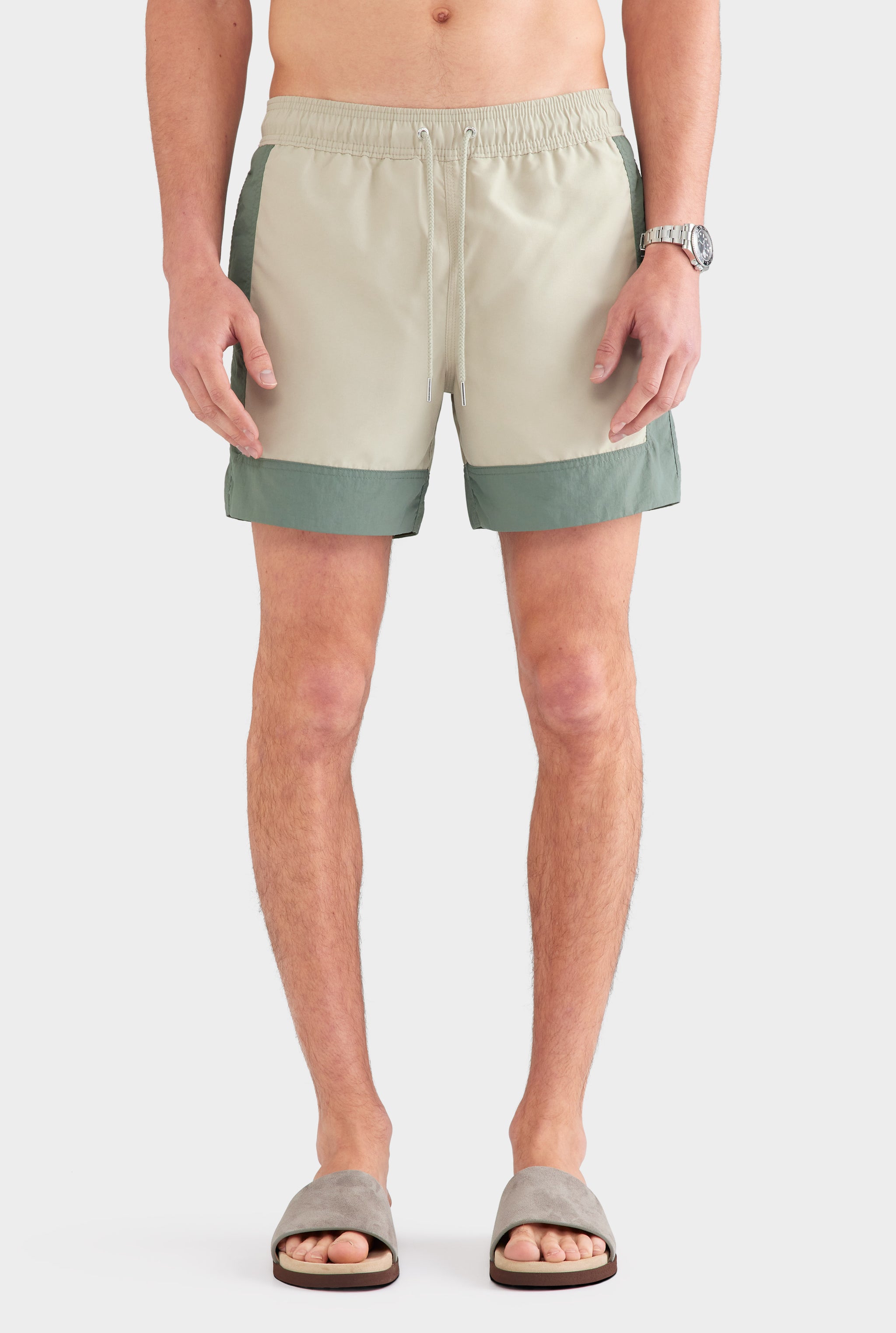 Panelled Border Swim Short - Olive Taupe/Moss Green