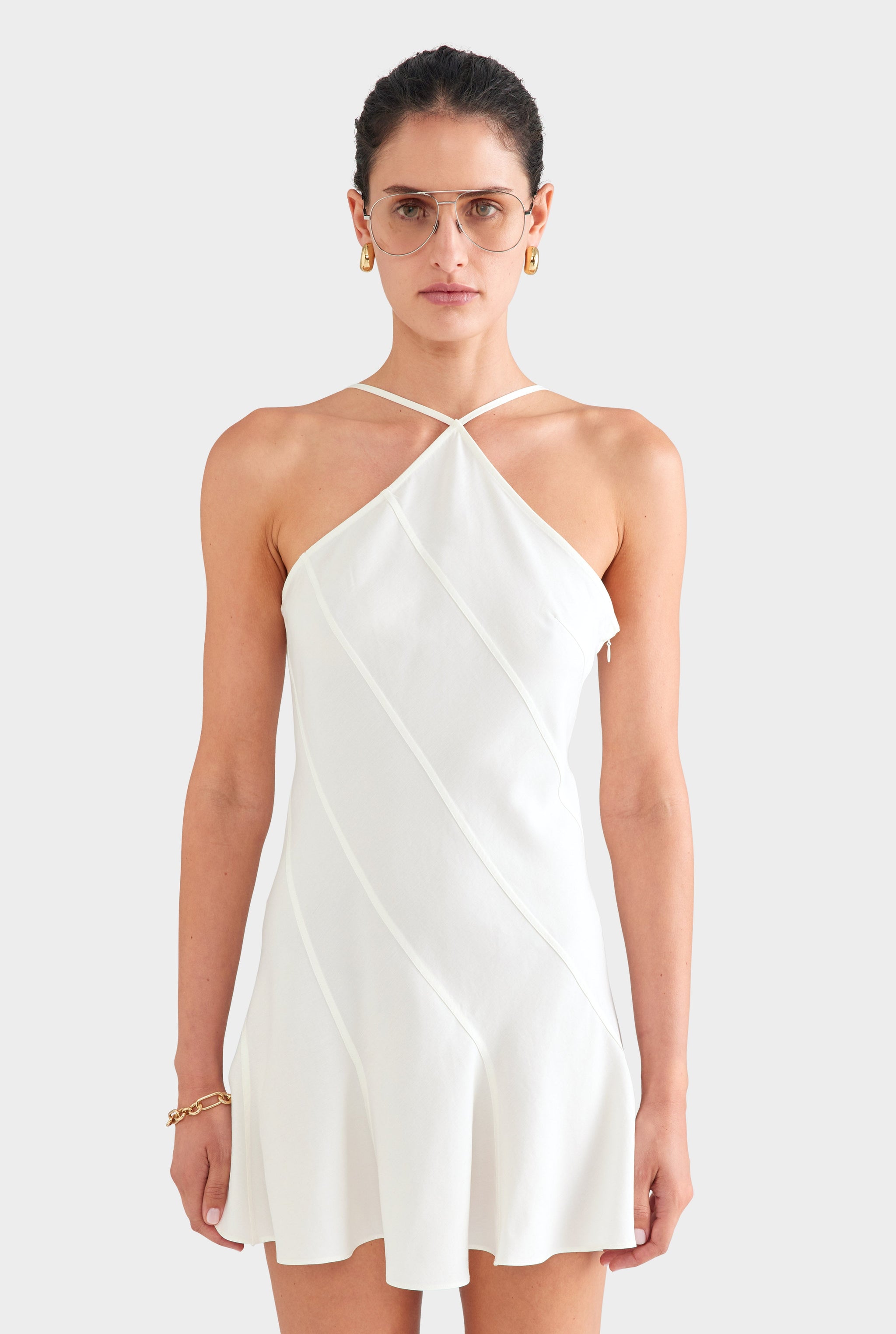 Panelled Tencel Halter Mini Dress - Off White