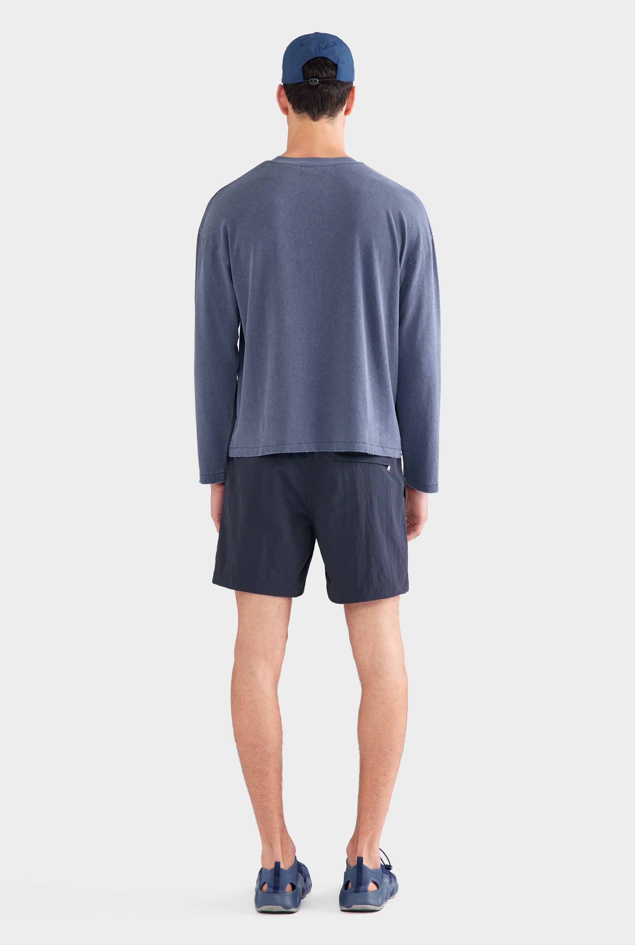 Pigment Dyed Distressed Long Sleeve T Shirt - Washed Navy