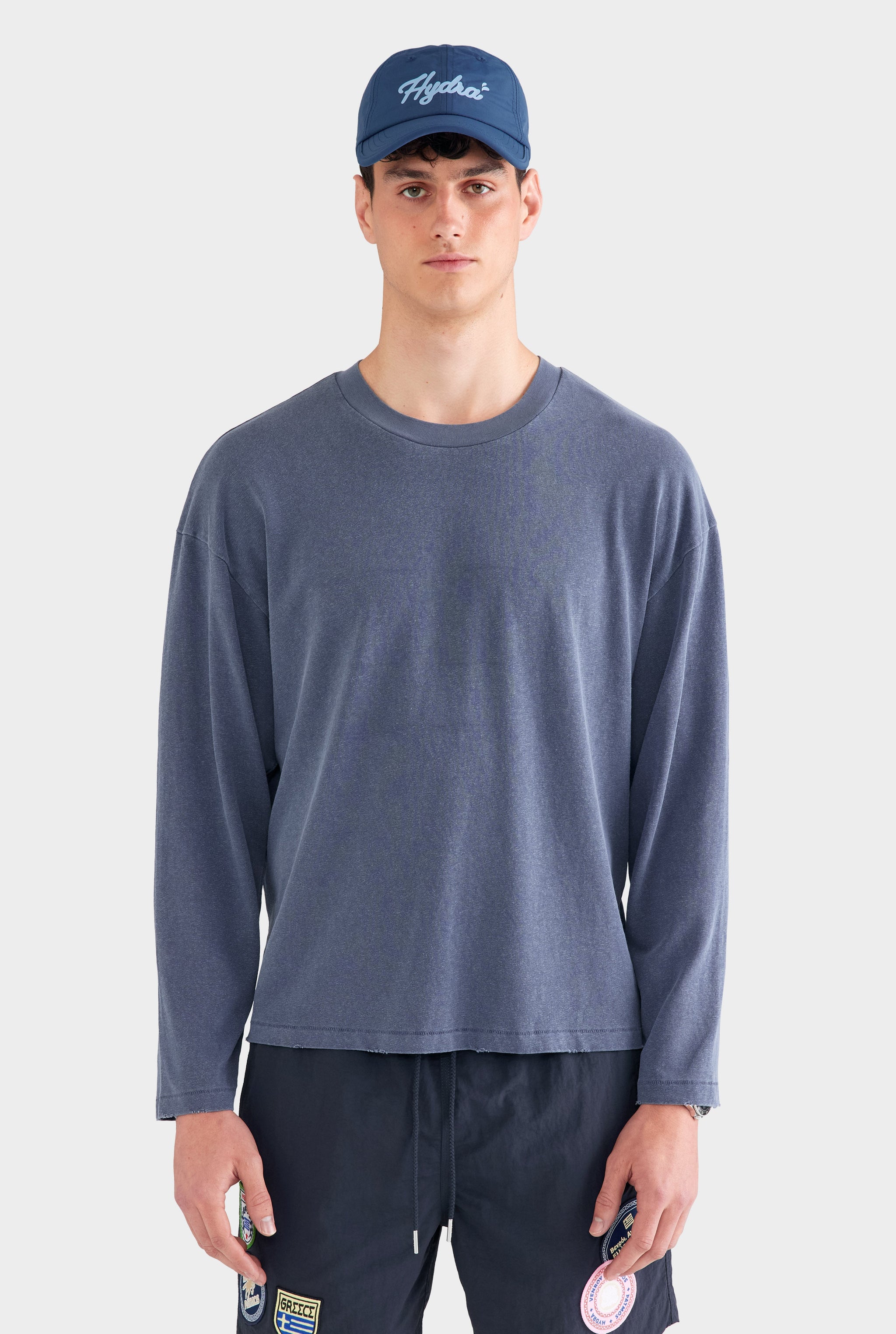 Pigment Dyed Distressed Long Sleeve T Shirt - Washed Navy