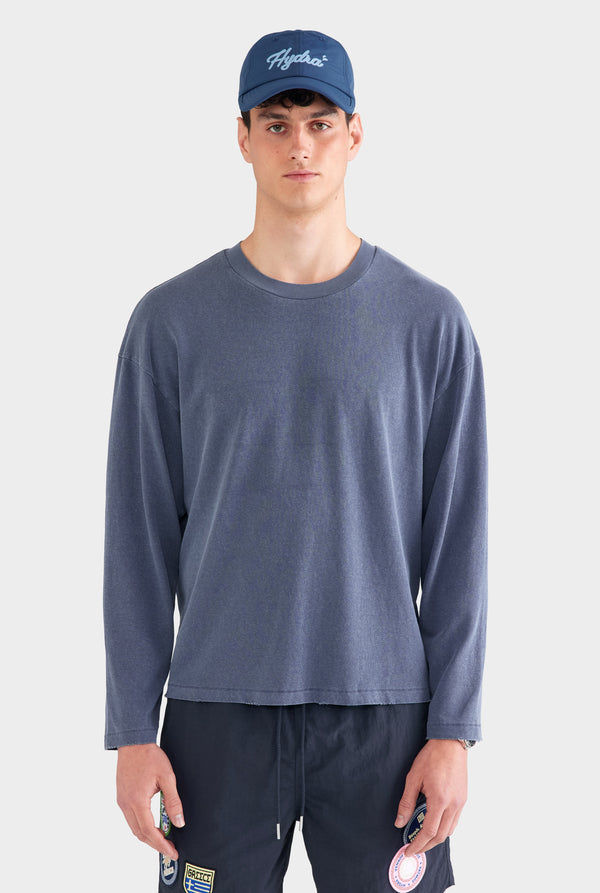 Pigment Dyed Distressed Long Sleeve T Shirt - Washed Navy