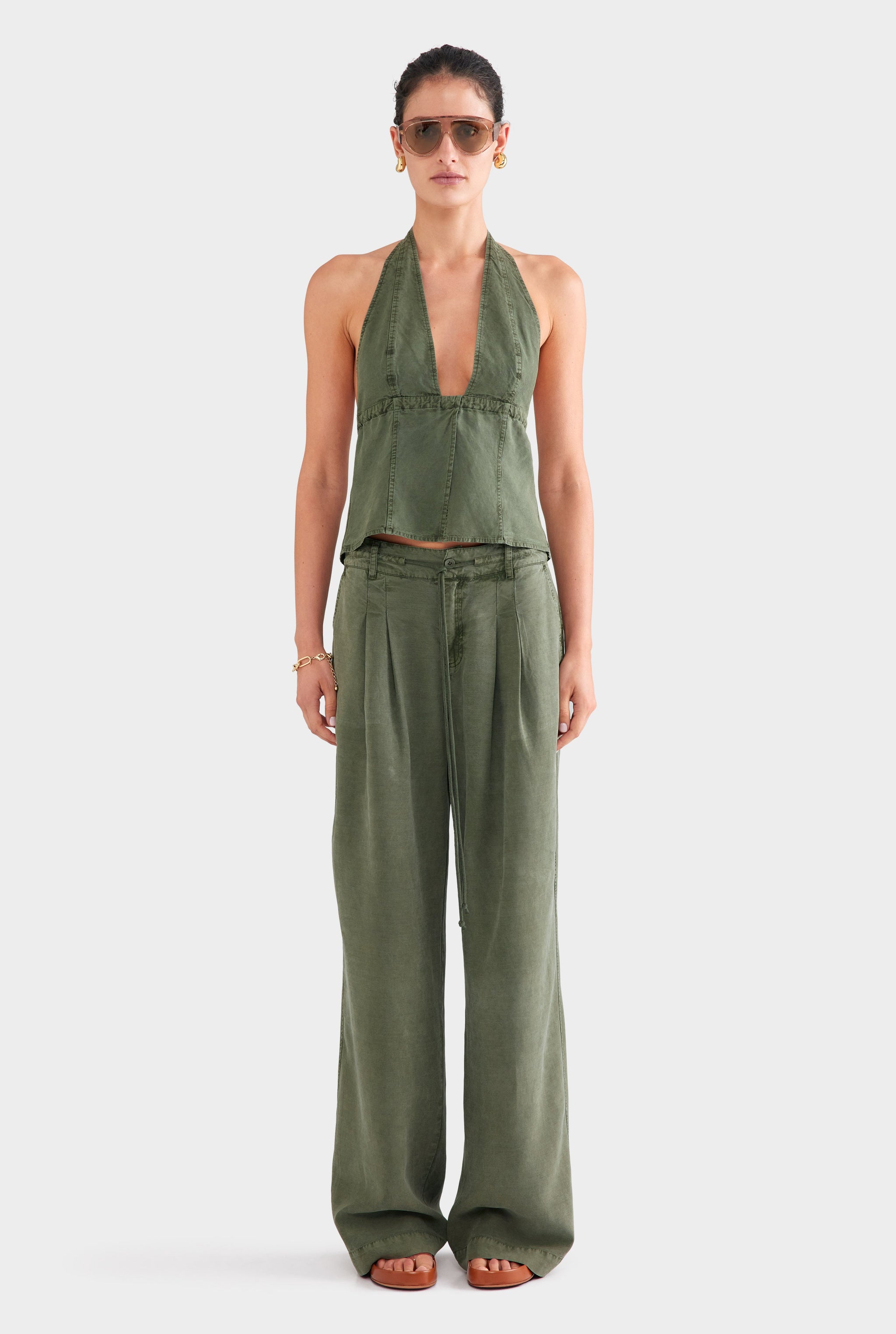 Pigment Dyed Panelled Tencel Halter Top - Washed Olive