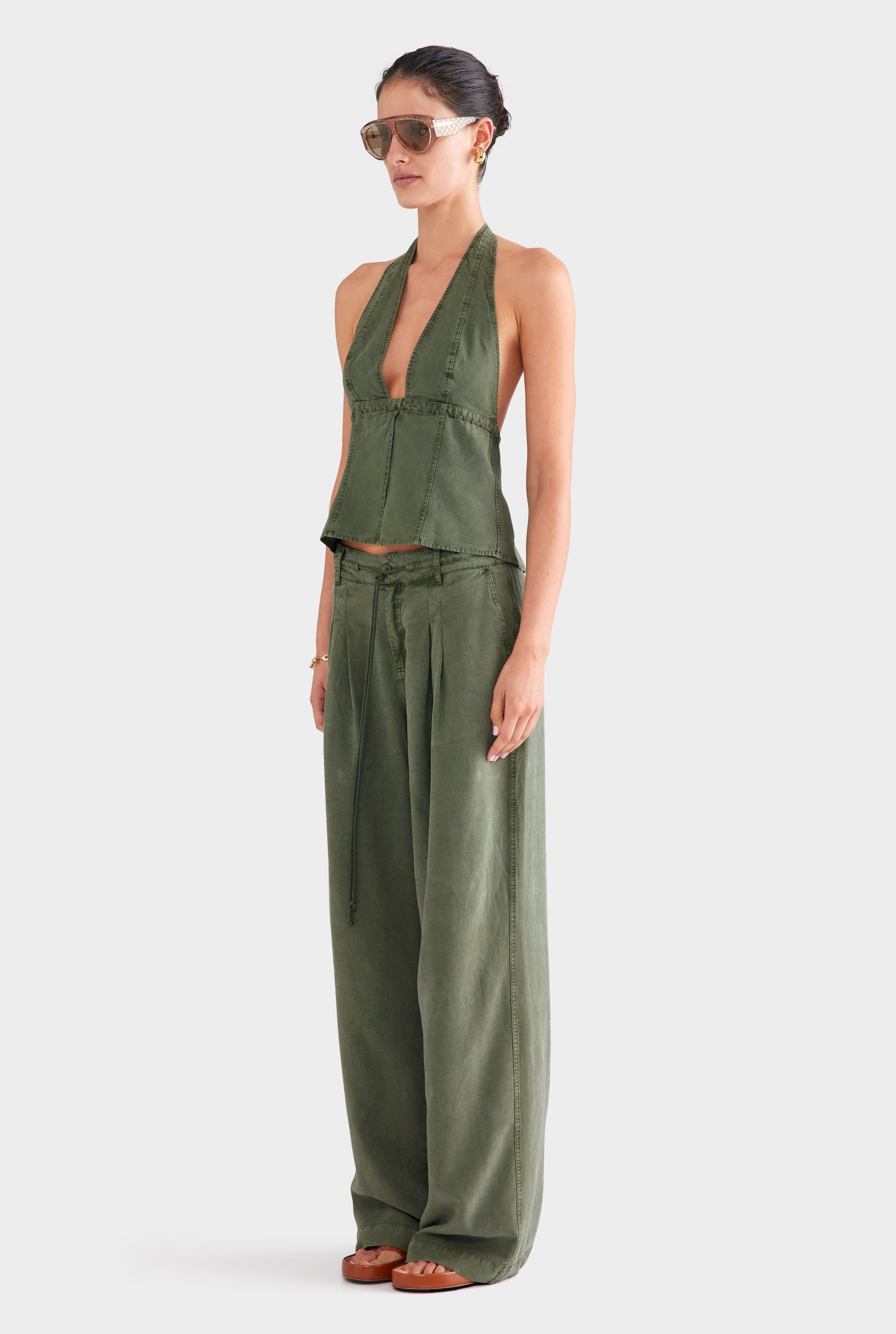 Pigment Dyed Panelled Tencel Halter Top - Washed Olive