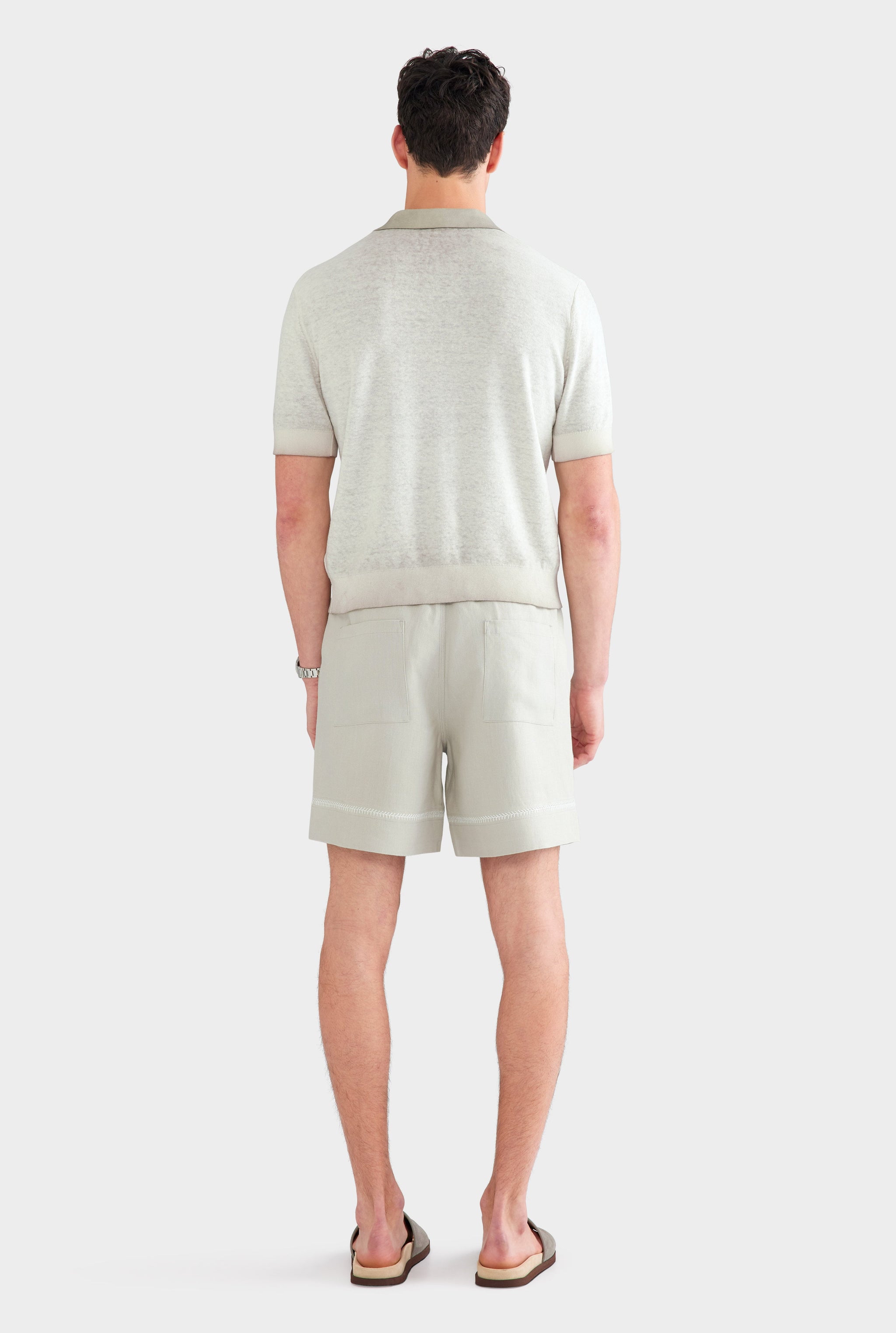 Reverse Printed Open Neck Knit Polo - Washed Beige