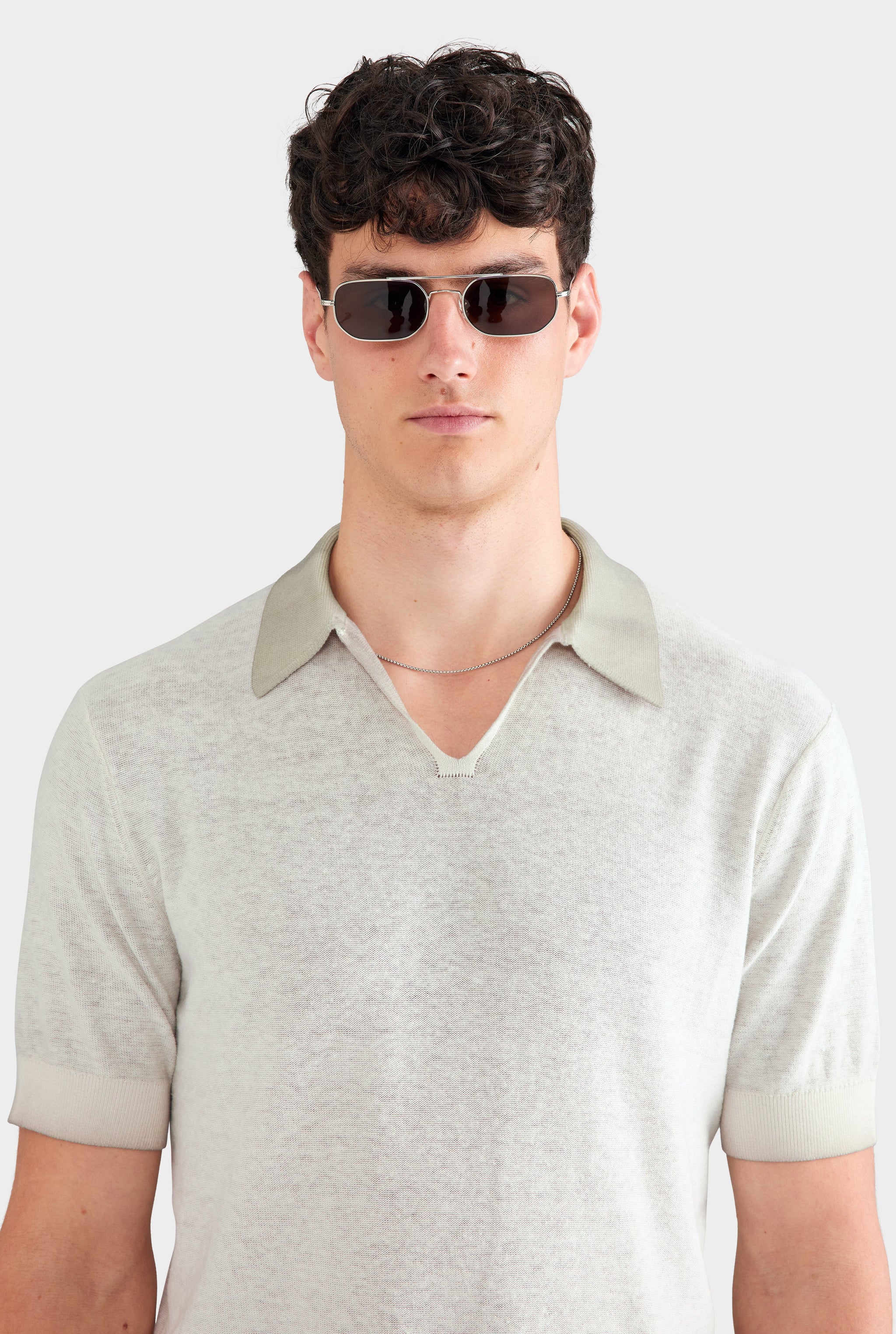 Reverse Printed Open Neck Knit Polo - Washed Beige