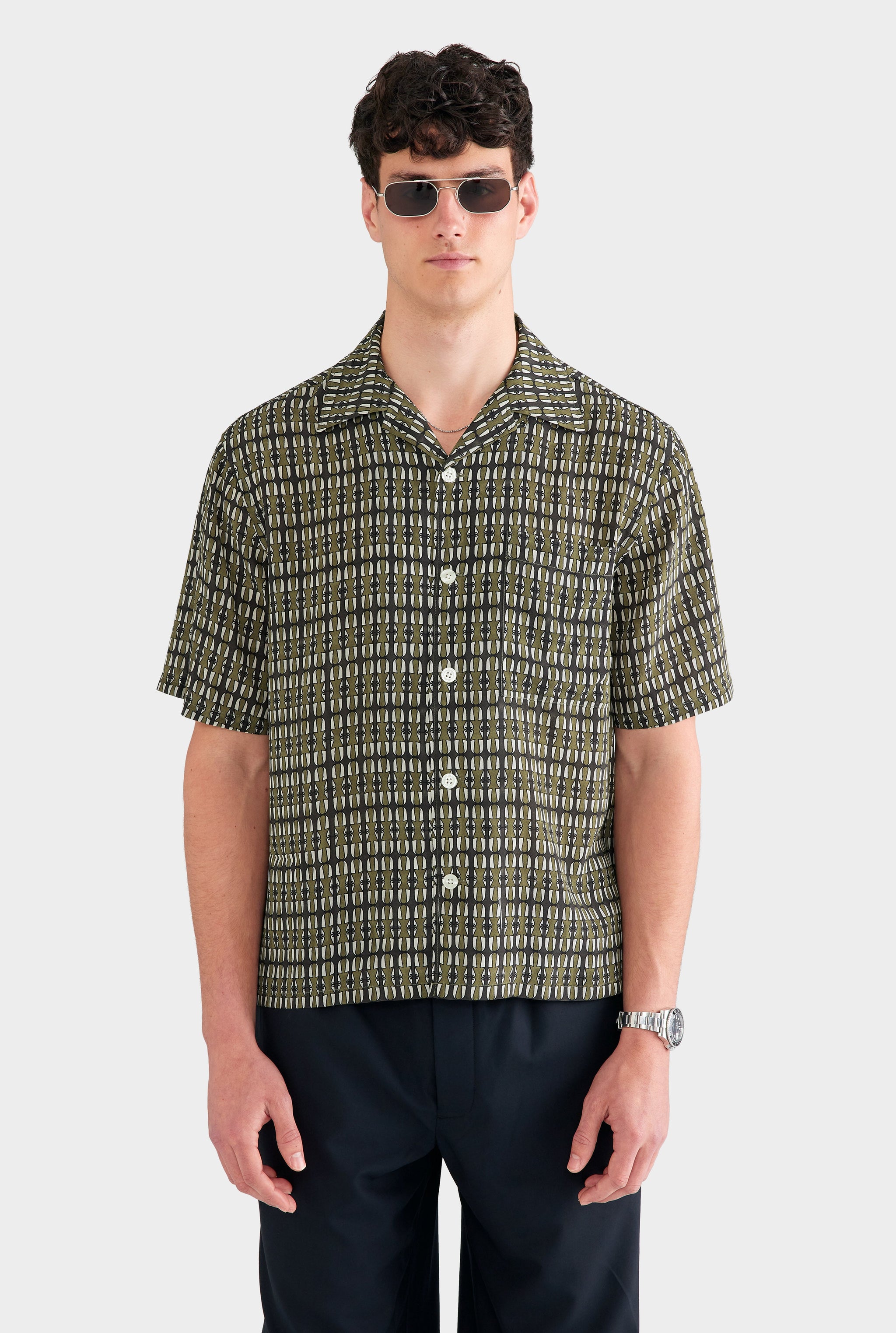 Short Sleeve Silk Camp Collar Shirt - Brown Geo