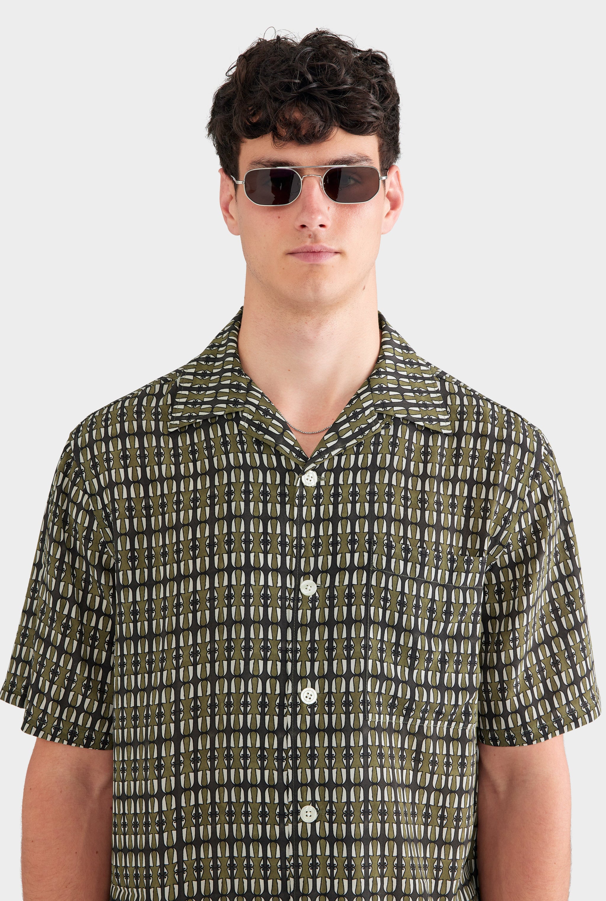 Short Sleeve Silk Camp Collar Shirt - Brown Geo