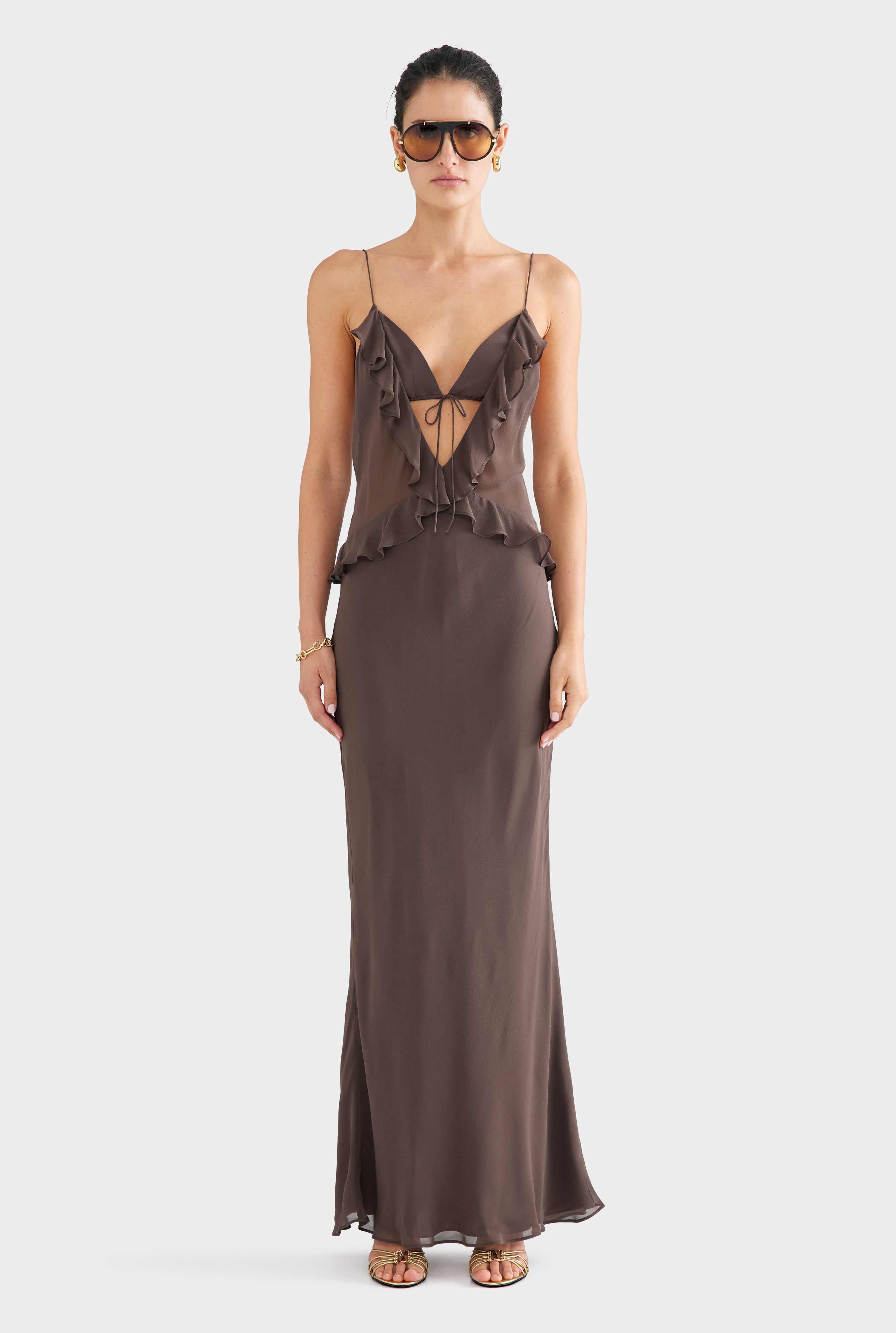 Silk Bralette Ruffle Maxi Dress - Chocolate