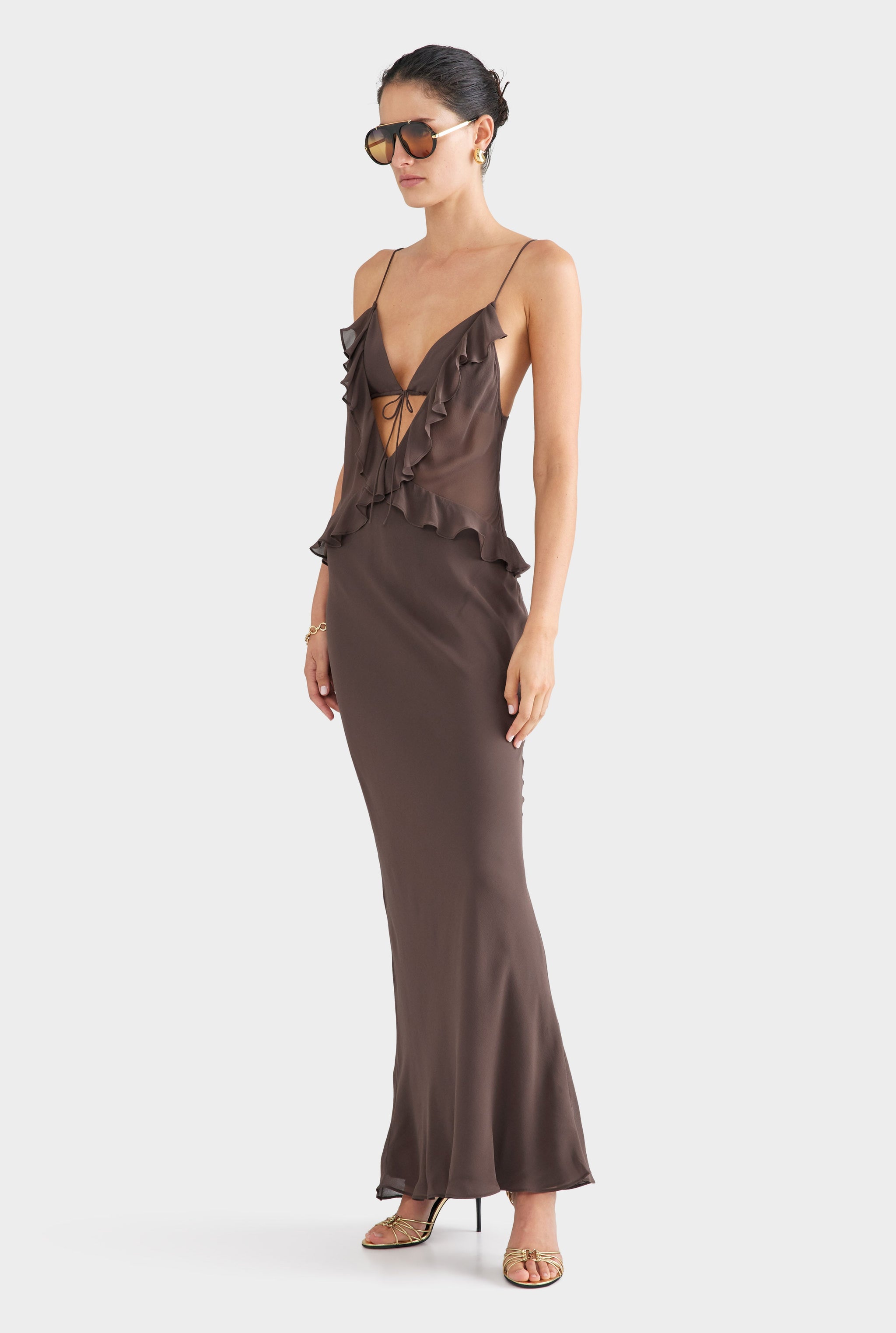 Silk Bralette Ruffle Maxi Dress - Chocolate