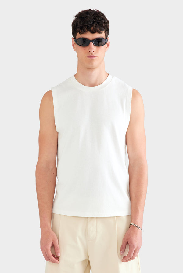 Sleeveless Distressed T Shirt - Off White