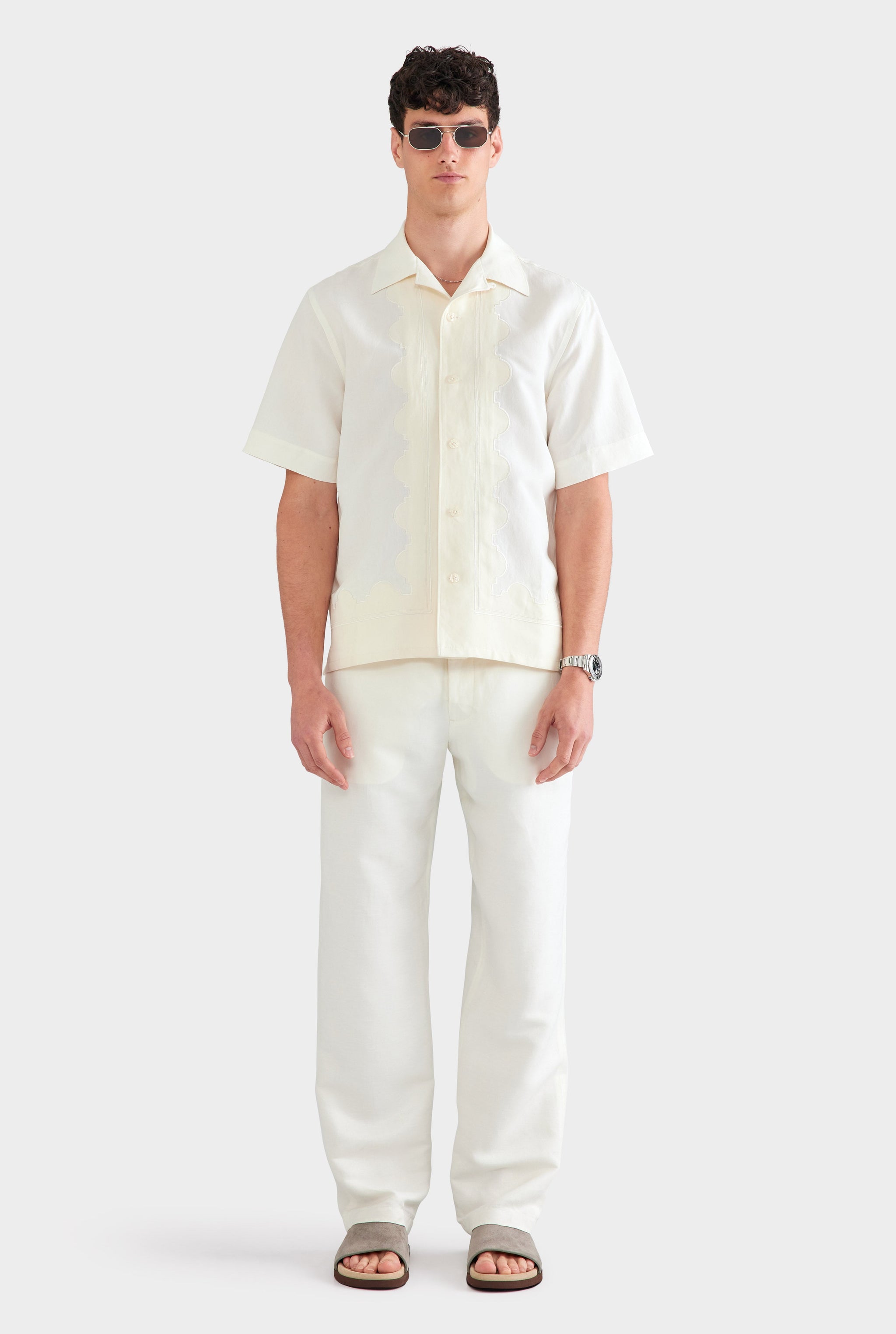 Applique Border Silk Linen Shirt - Off White/Cream