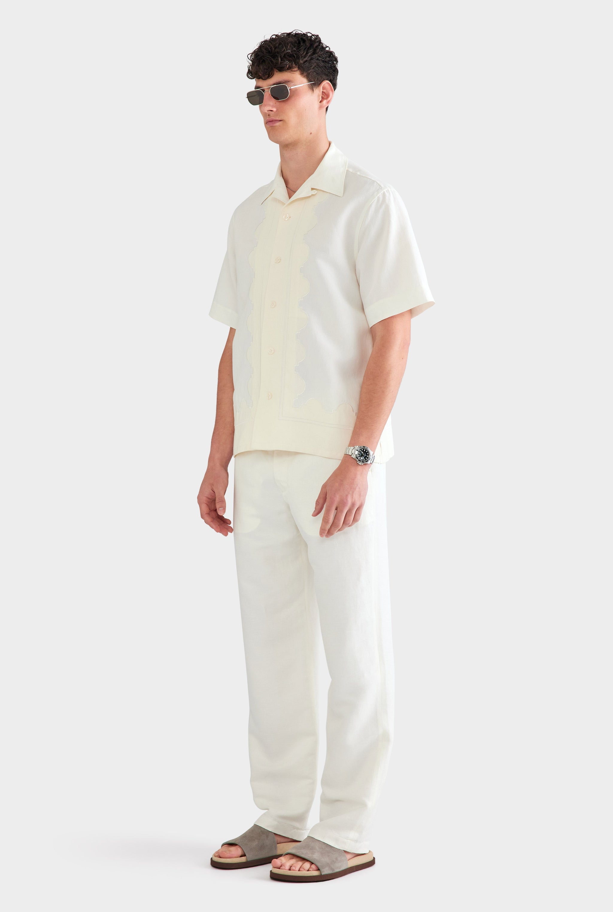 Applique Border Silk Linen Shirt - Off White/Cream