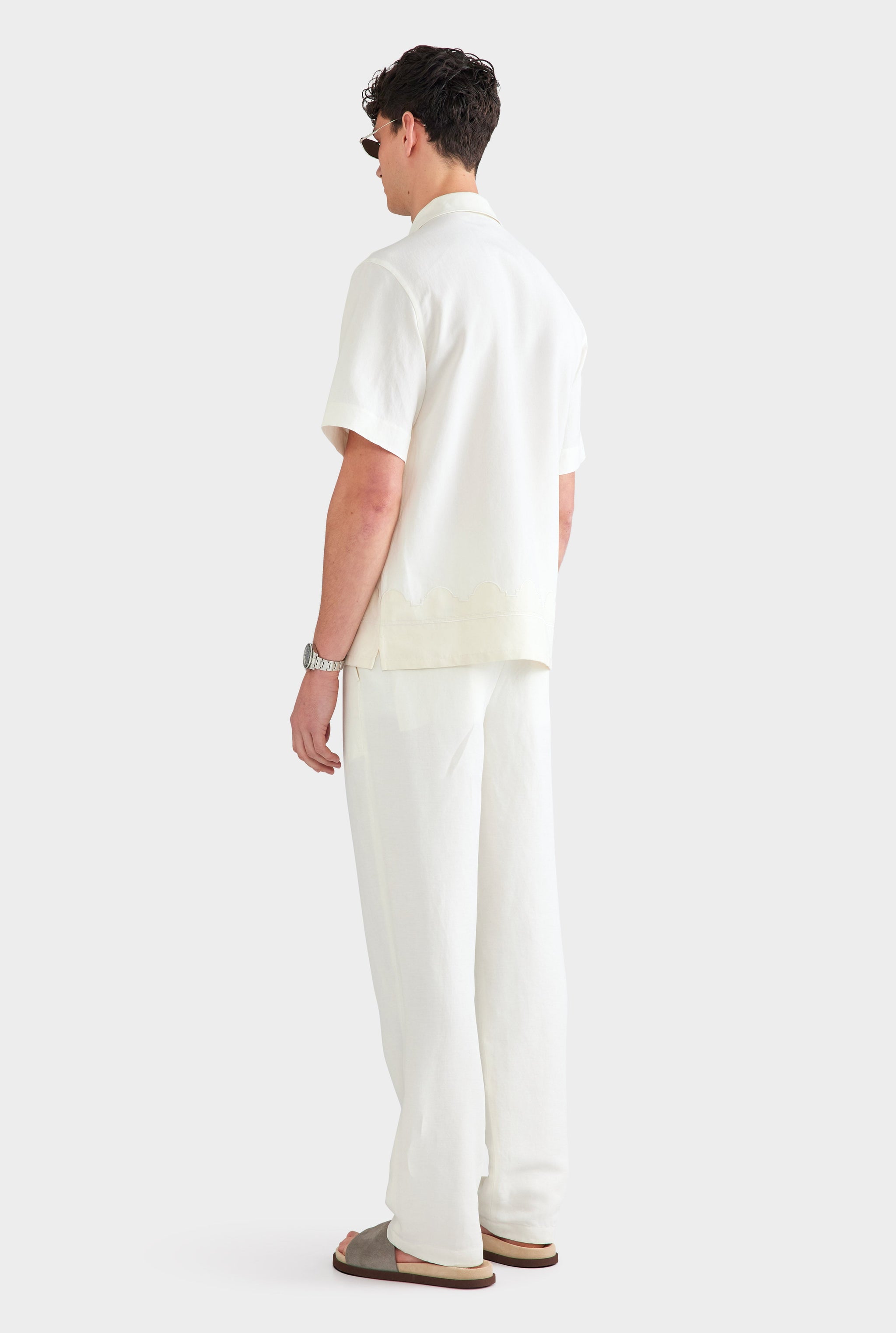 Applique Border Silk Linen Shirt - Off White/Cream
