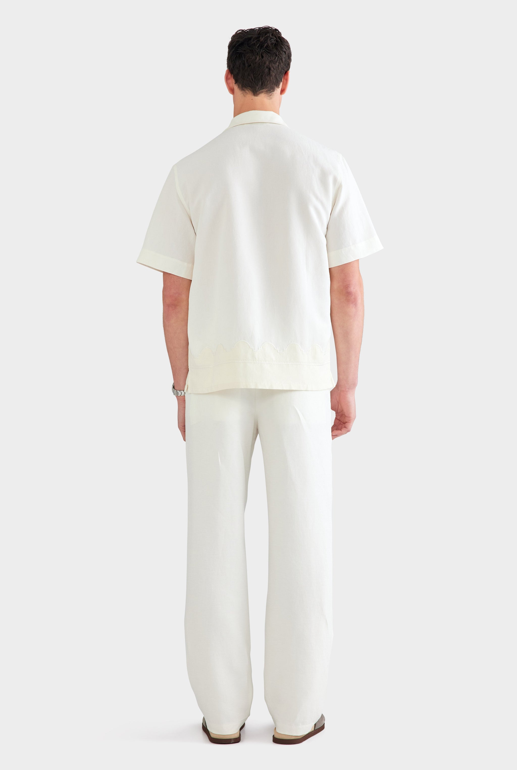 Applique Border Silk Linen Shirt - Off White/Cream