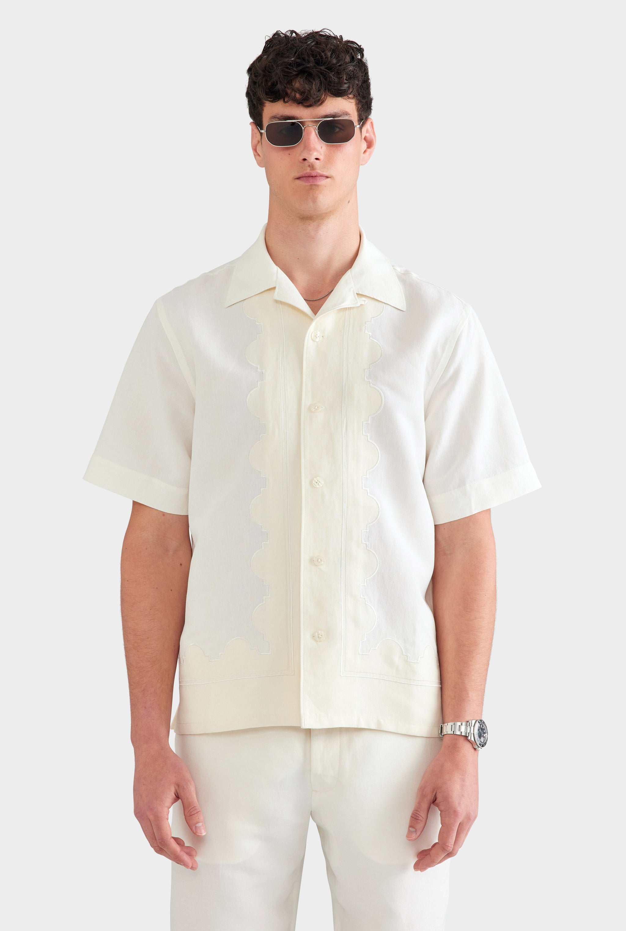 Applique Border Silk Linen Shirt - Off White/Cream
