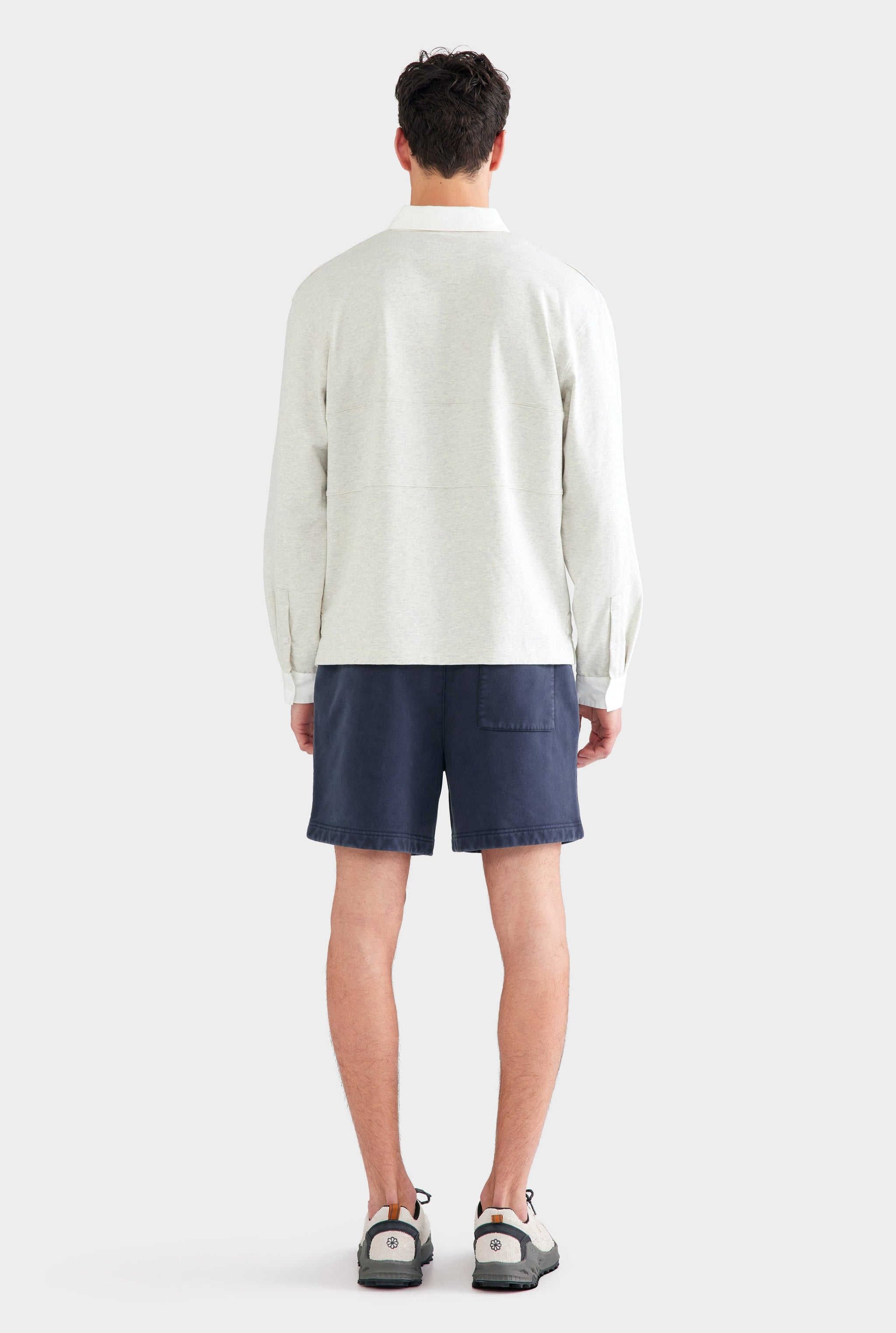 Cotton Long Sleeve Rugby Polo - Grey Marl/White