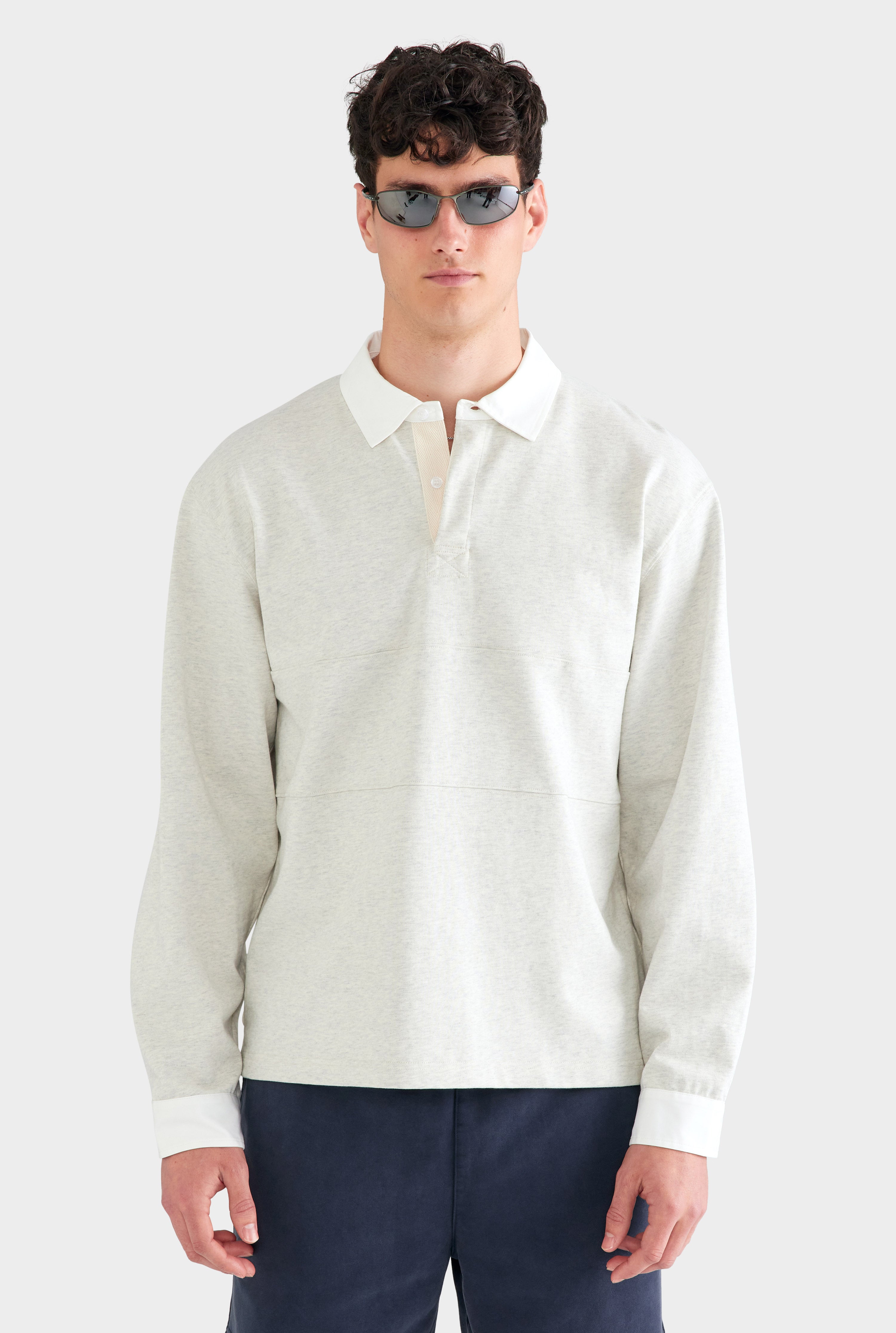 Cotton Long Sleeve Rugby Polo - Grey Marl/White