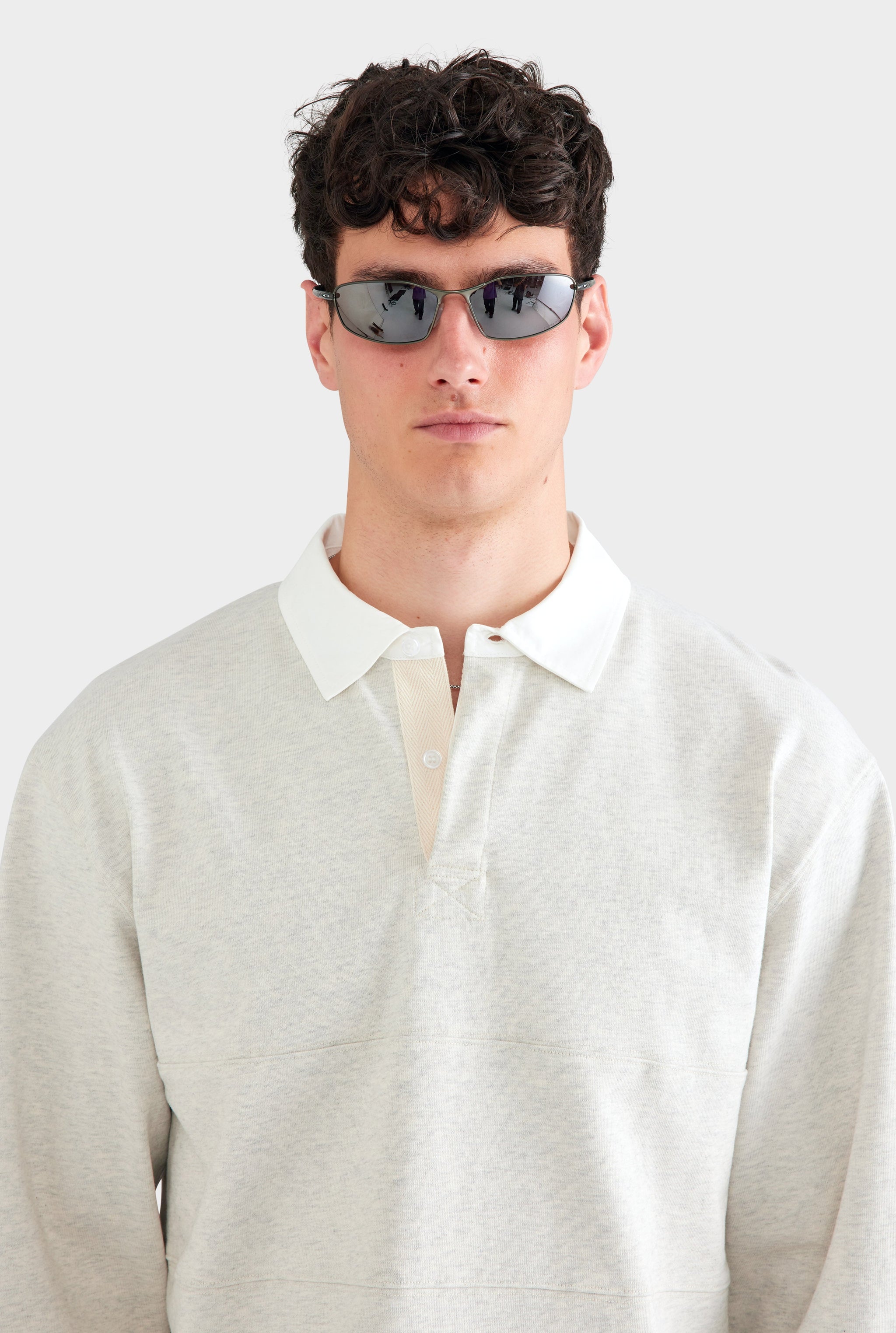 Cotton Long Sleeve Rugby Polo - Grey Marl/White