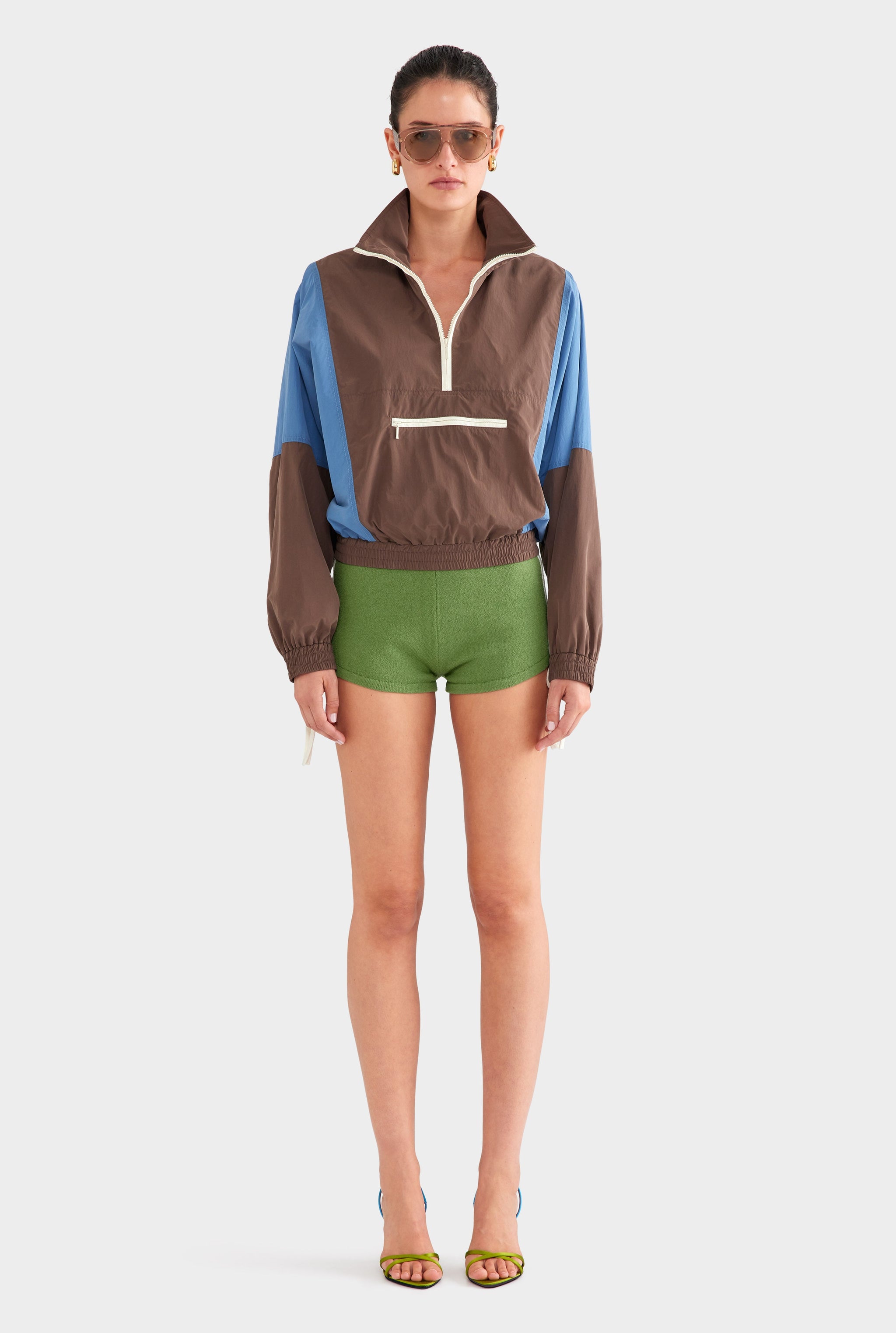 Cropped Nylon Windbreaker - Brown/Bright Blue
