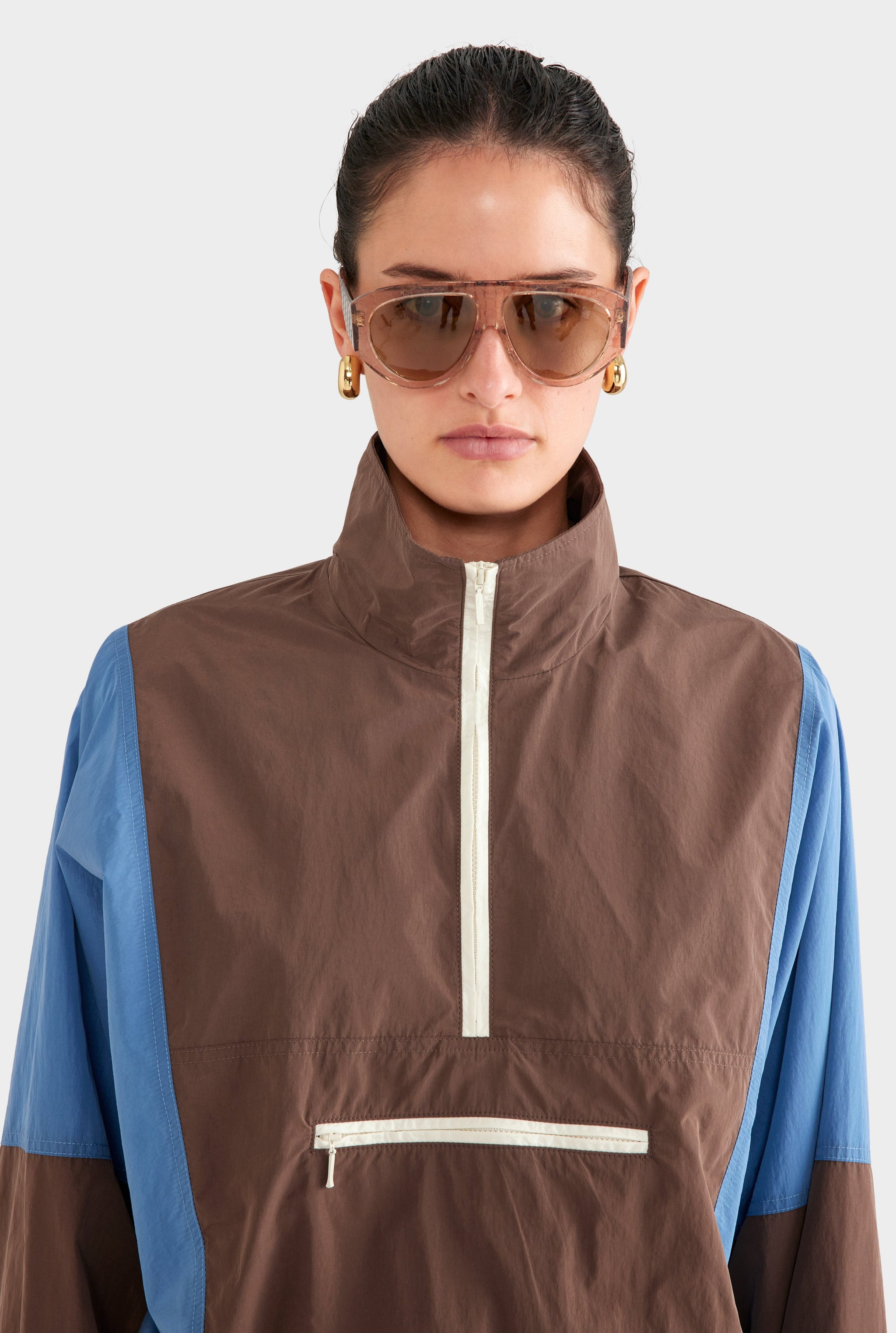 Cropped Nylon Windbreaker - Brown/Bright Blue