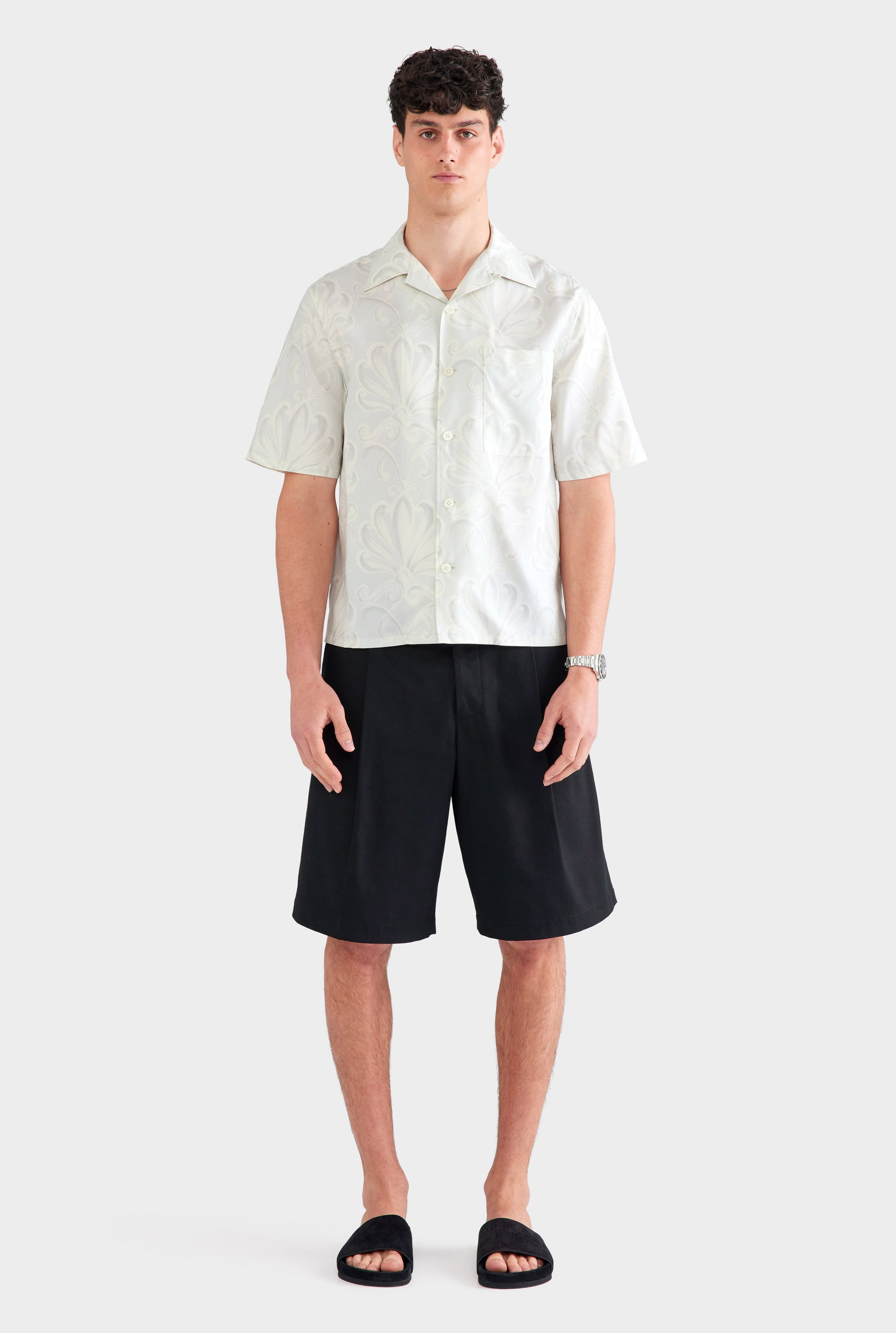Fuji Silk Camp Collar Shirt - Grey Blue Palmette Floral