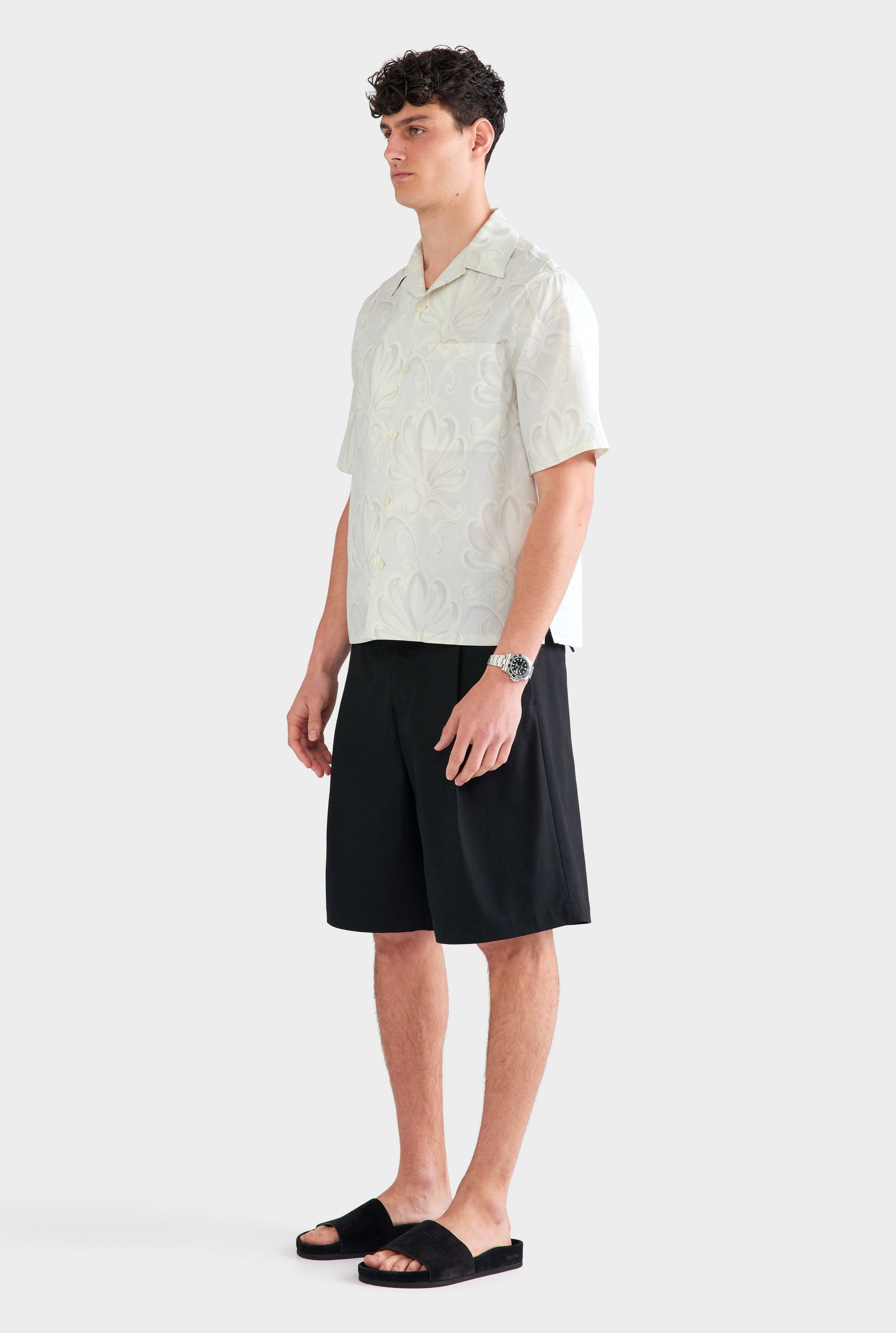 Fuji Silk Camp Collar Shirt - Grey Blue Palmette Floral