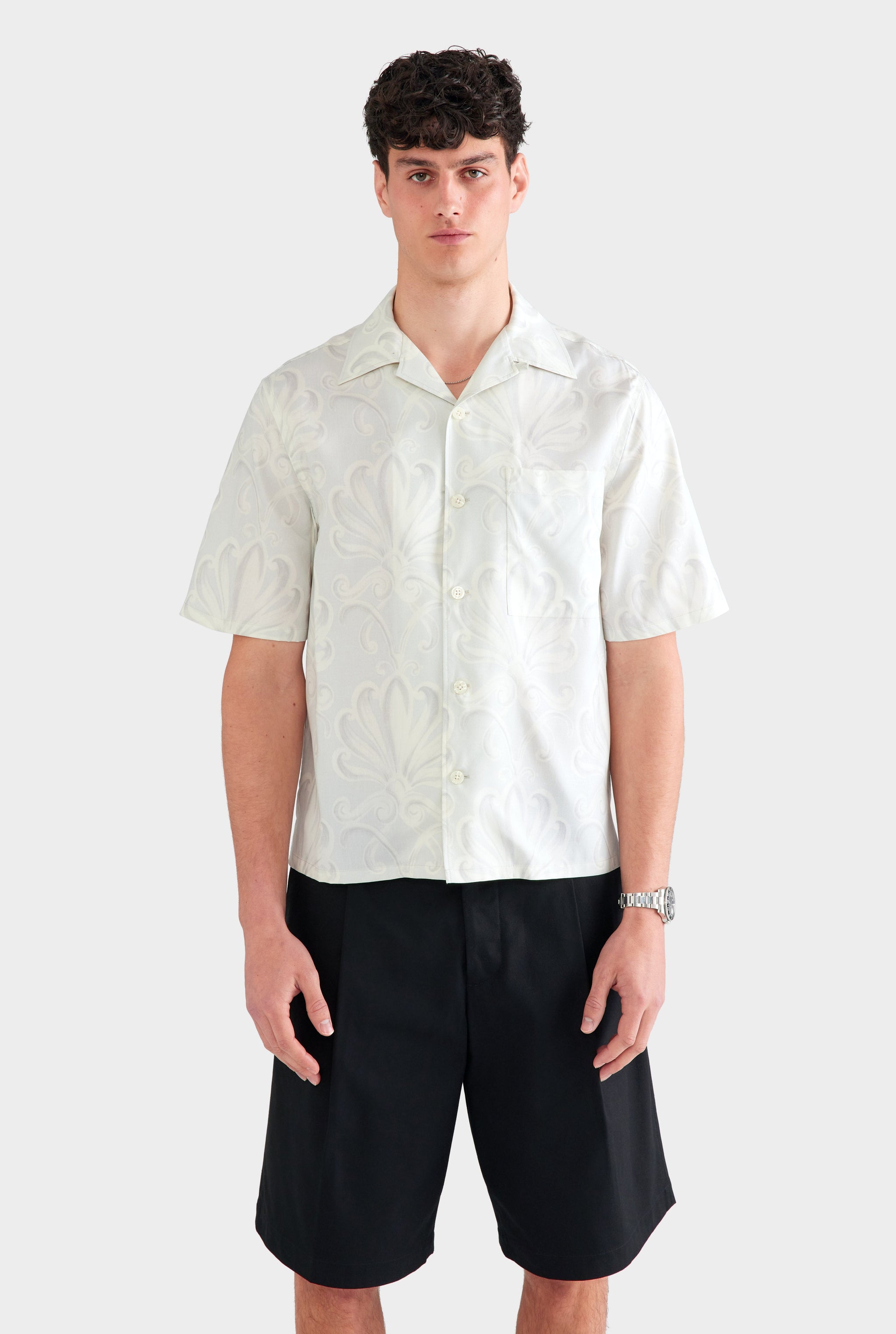 Fuji Silk Camp Collar Shirt - Grey Blue Palmette Floral