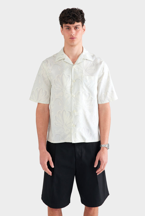 Fuji Silk Camp Collar Shirt - Grey Blue Palmette Floral