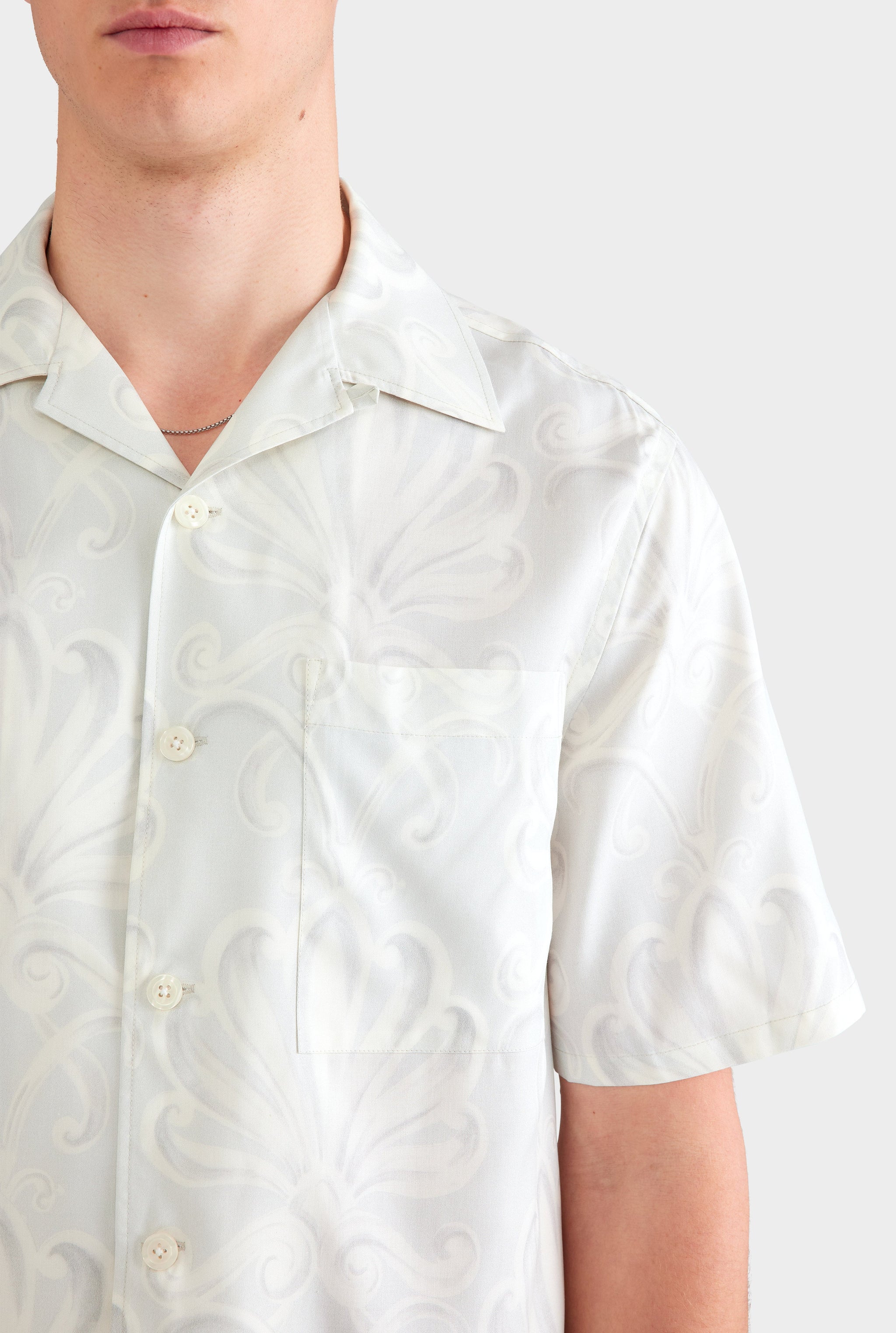 Fuji Silk Camp Collar Shirt - Grey Blue Palmette Floral