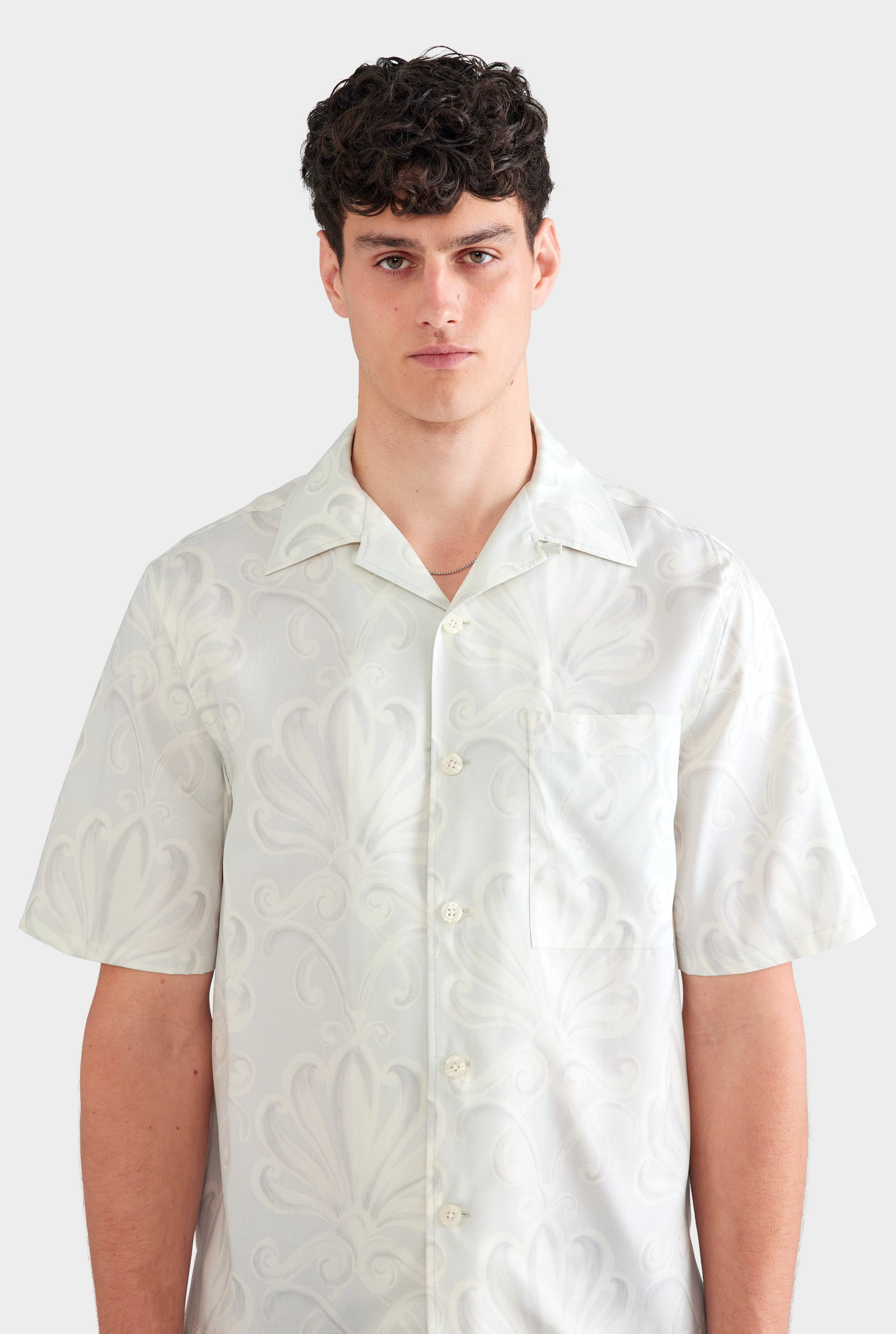 Fuji Silk Camp Collar Shirt - Grey Blue Palmette Floral