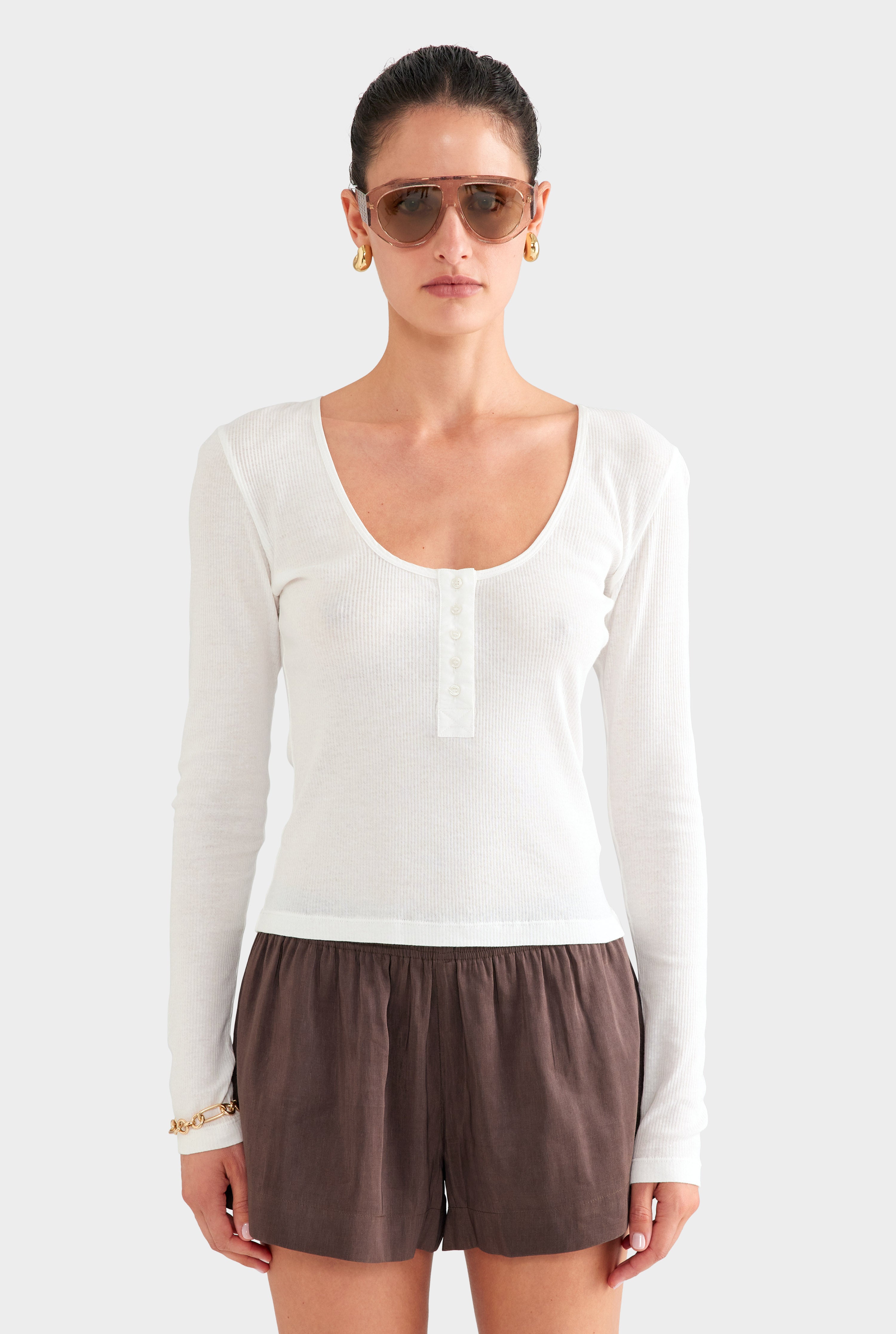 Lightweight Henley Long Sleeve Top - Off White