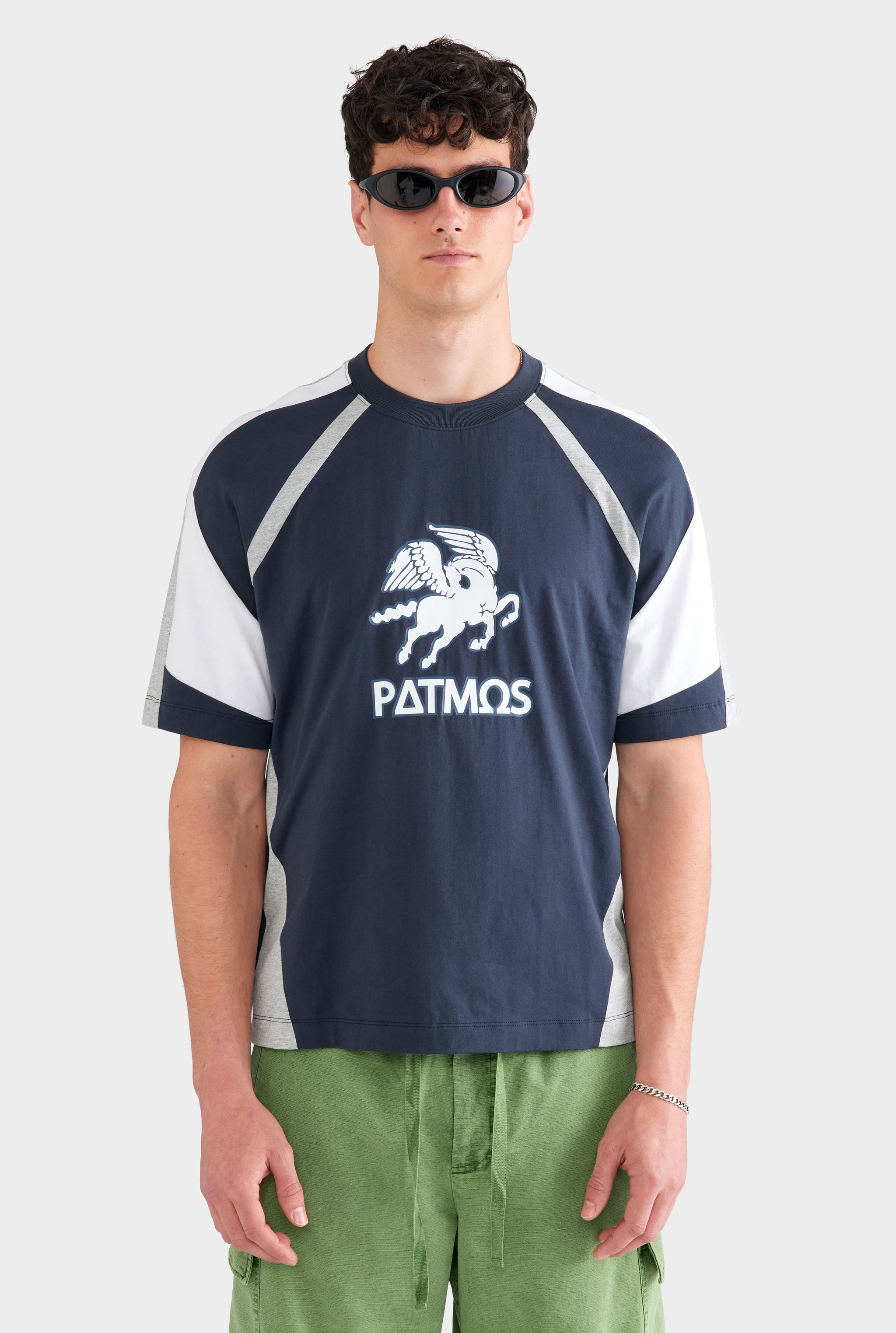 Oversized Panelled T Shirt - Navy/Grey Marl/White
