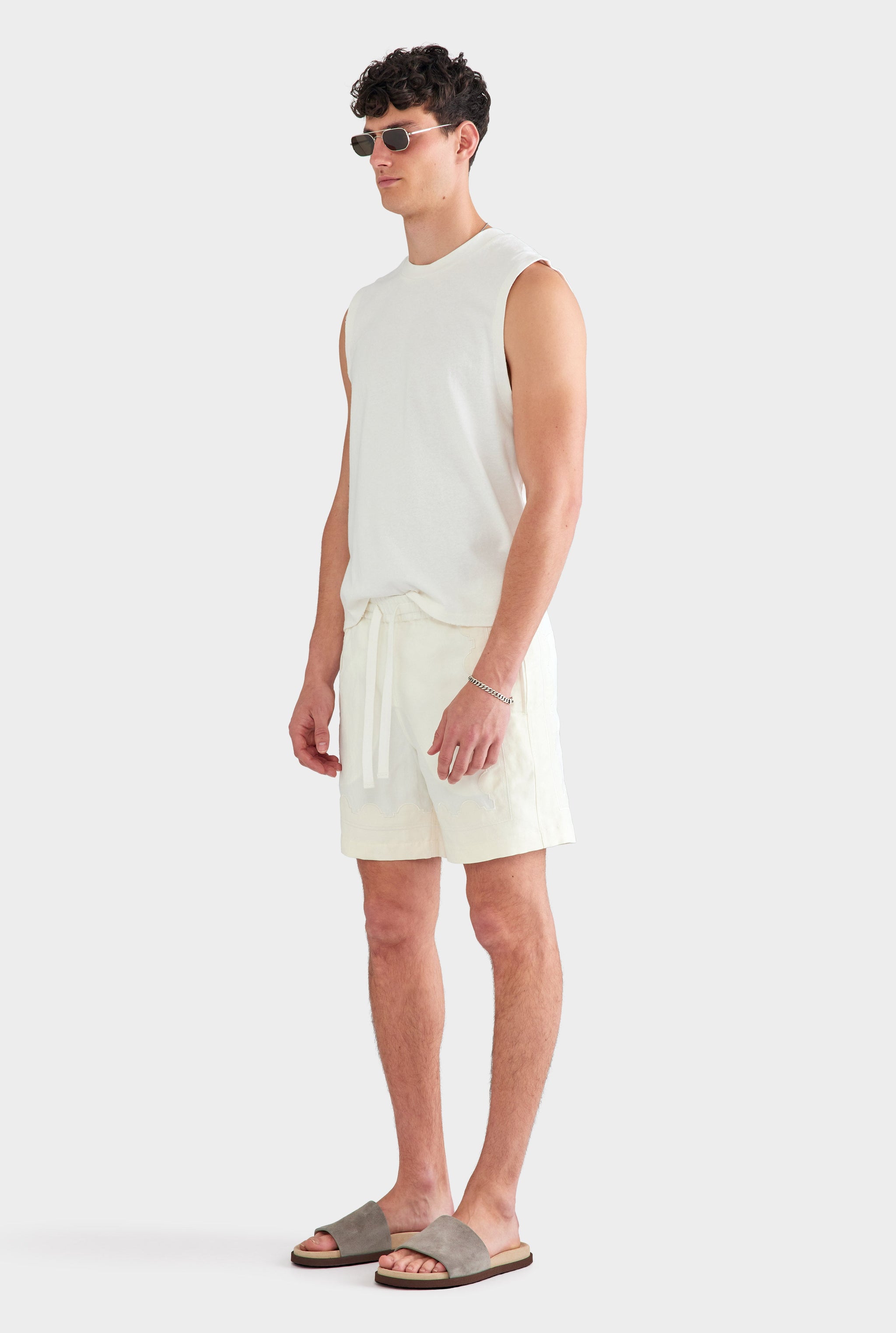 Panelled Applique Border Silk Linen Short - Off White/Cream
