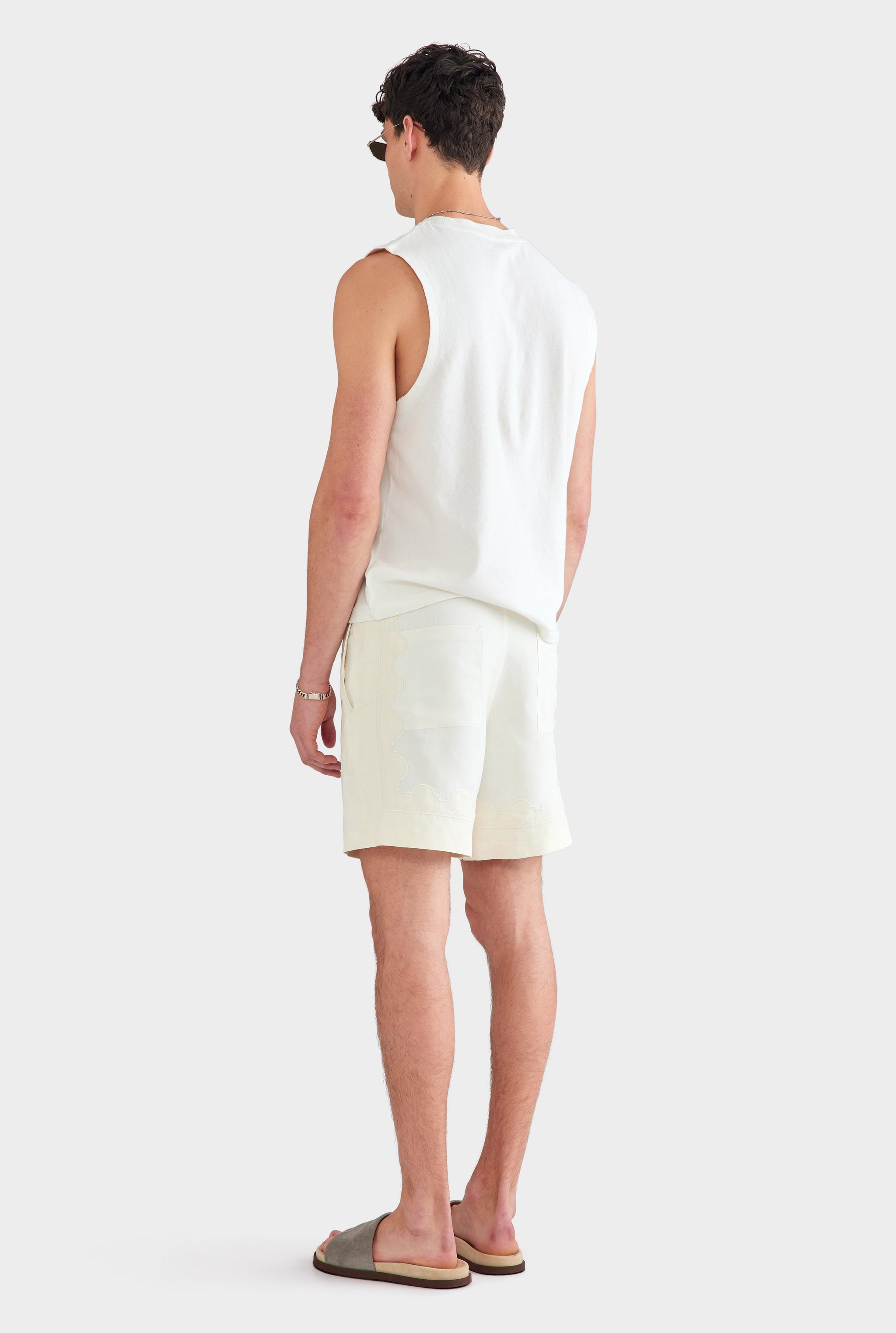 Panelled Applique Border Silk Linen Short - Off White/Cream